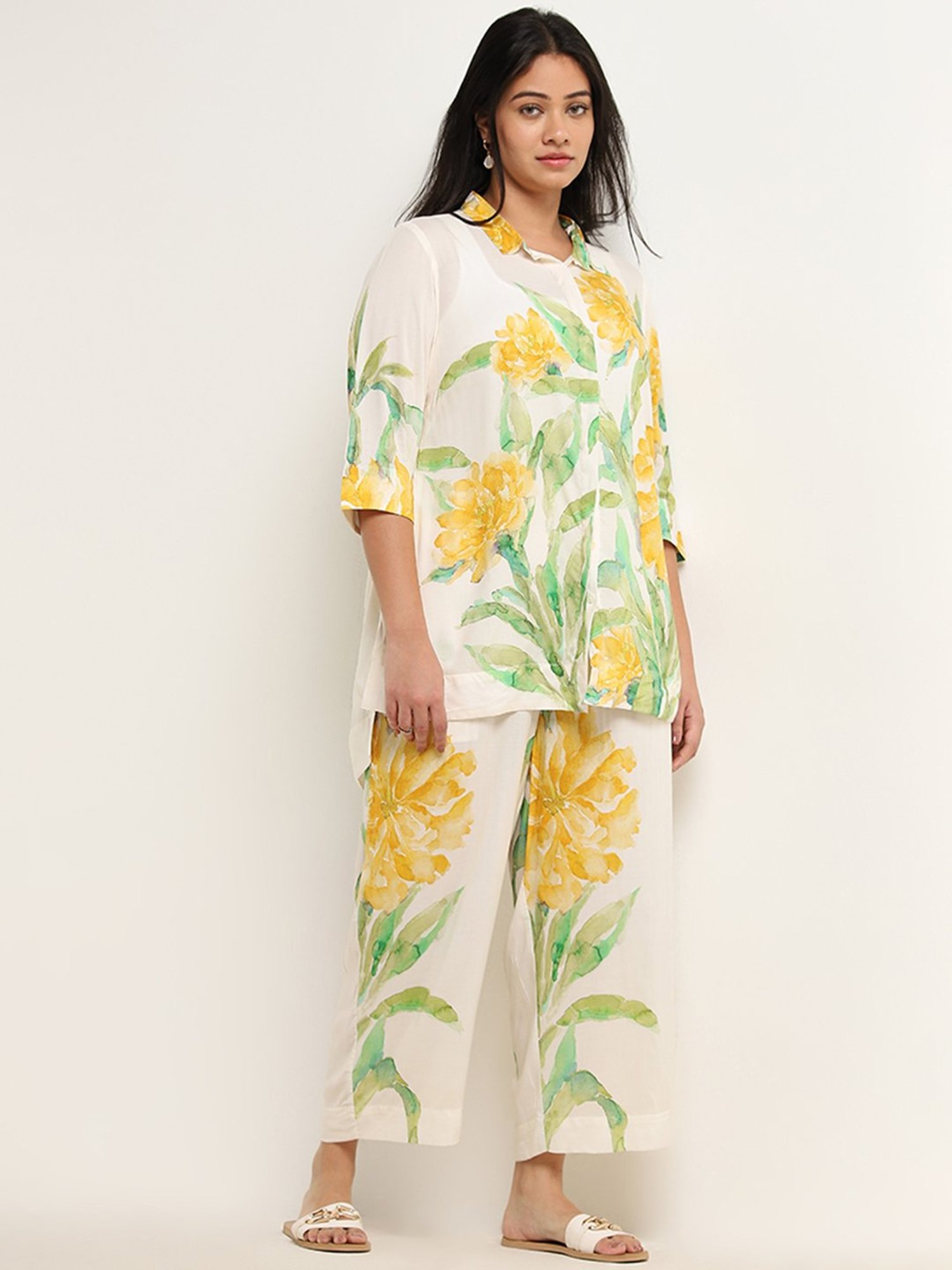 Diza by Westside Yellow Floral Printed High-Rise Palazzos