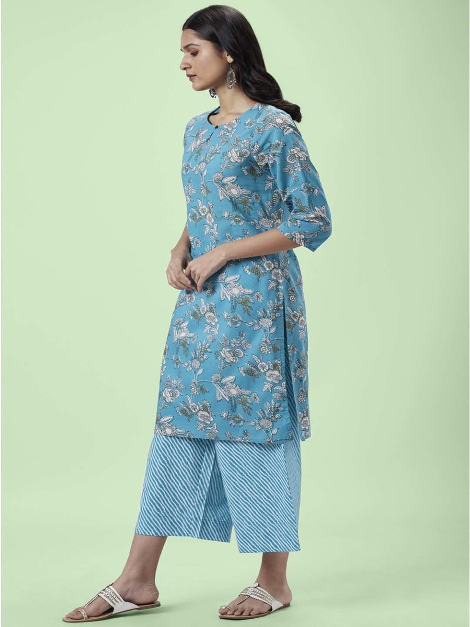 Rangmanch by Pantaloons Turquoise Cotton Floral Print Kurta Palazzo Set With Dupatta