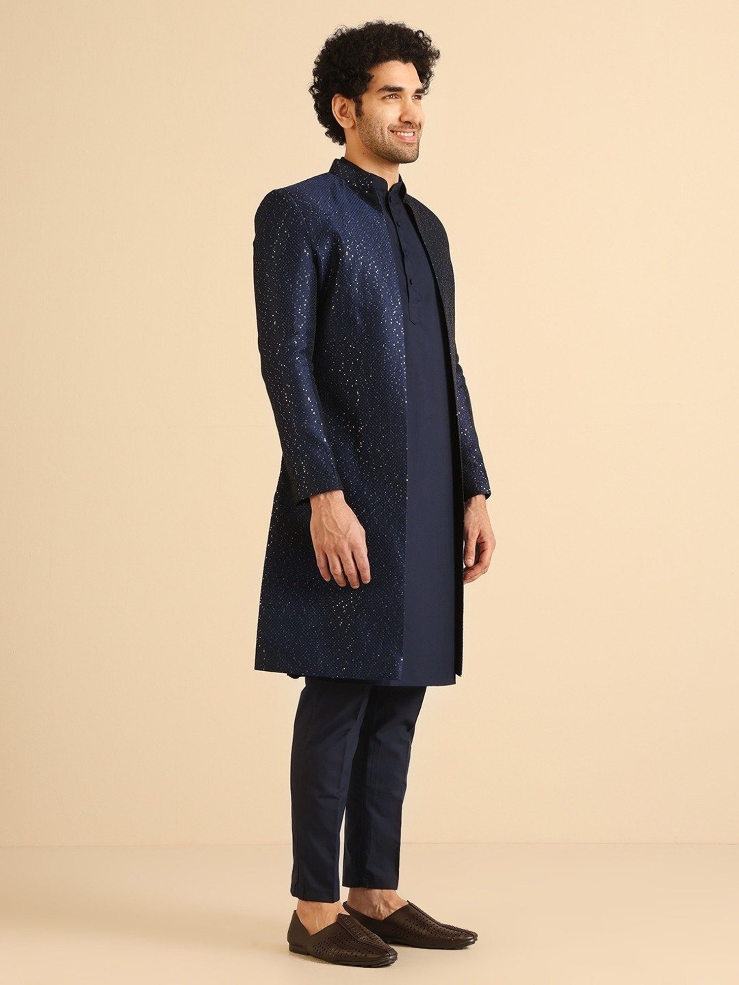 Kisah Navy Regular Fit Embroidered Sherwani Set