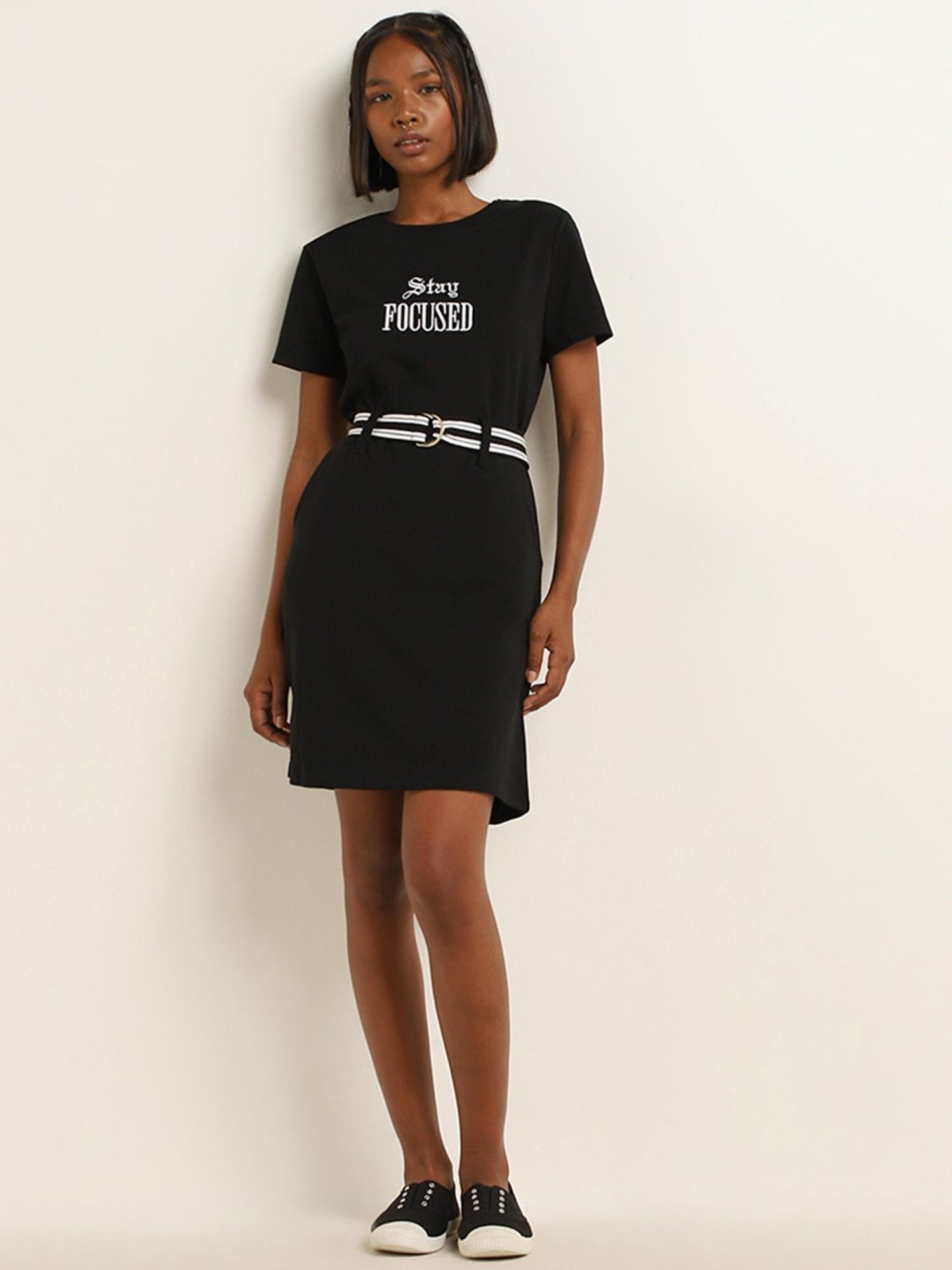 Studiofit by Westside Black Text Design Straight Cotton Dress with Belt