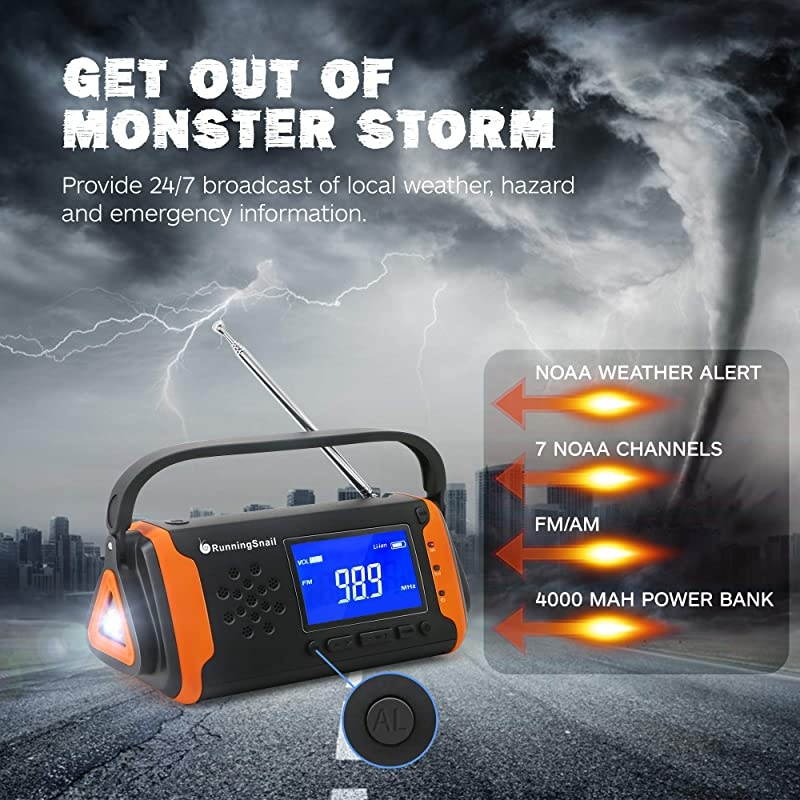 NOAA Weather Crank Solar Powered Portable Radio with 4000mAh Battery Power for Cell Phone Bright Flashlight for Household and Outdoor Survival 097Orange