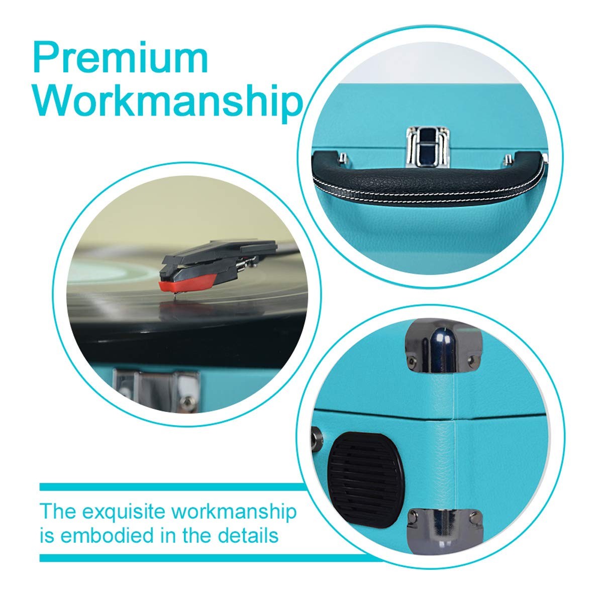 LP&No.1 Suitcase Bluetooth Turntable with Stereo Speaker,3 Speeds Vinyl Record Player Turquoise