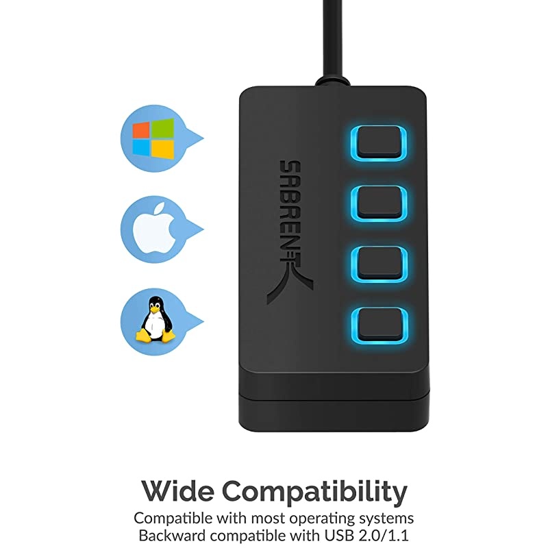 4Port USB 30 Hub with Individual LED Power Switches | 2 Ft Cable | Slim Portable | for Mac PC HBUM43
