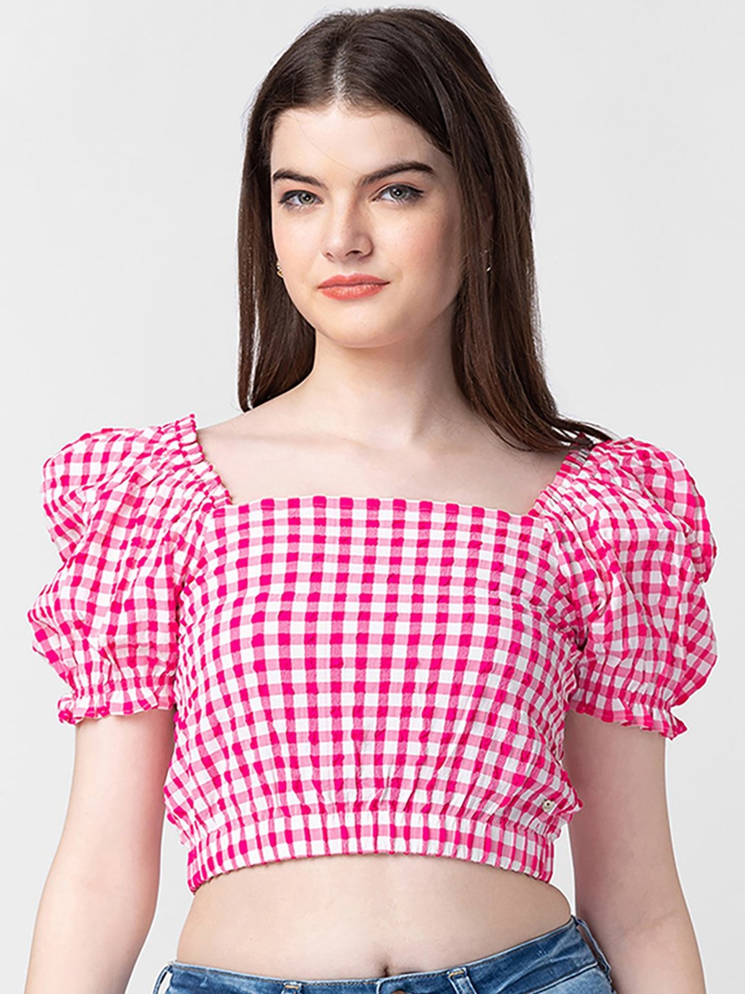 Spykar Pink Cotton Chequered Crop Top