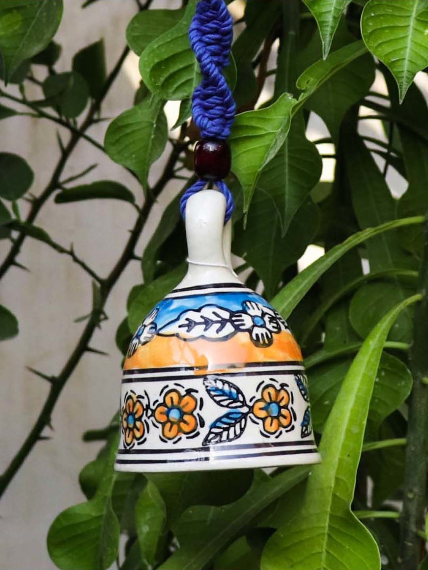 Gathari Blue Ceramic Wall Hanging Macrame Bell