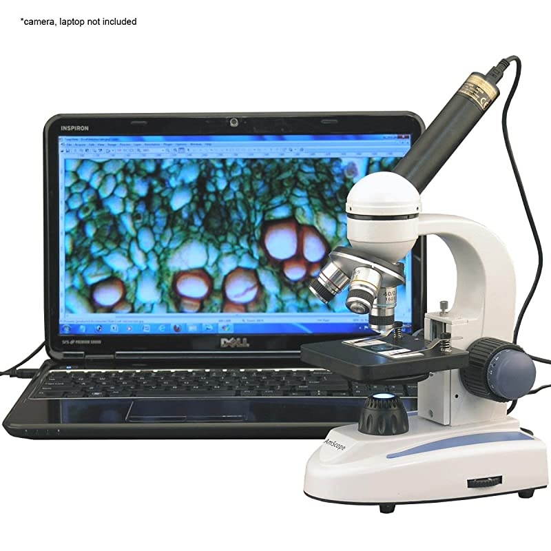 M150CPS25 Compound Monocular Microscope WF10x and WF25x Eyepieces 40x1000x Magnification LED Illumination Brightfield SingleLens Condenser Coaxial Coarse and Fine Focus Plain Stage 110V Includes Set