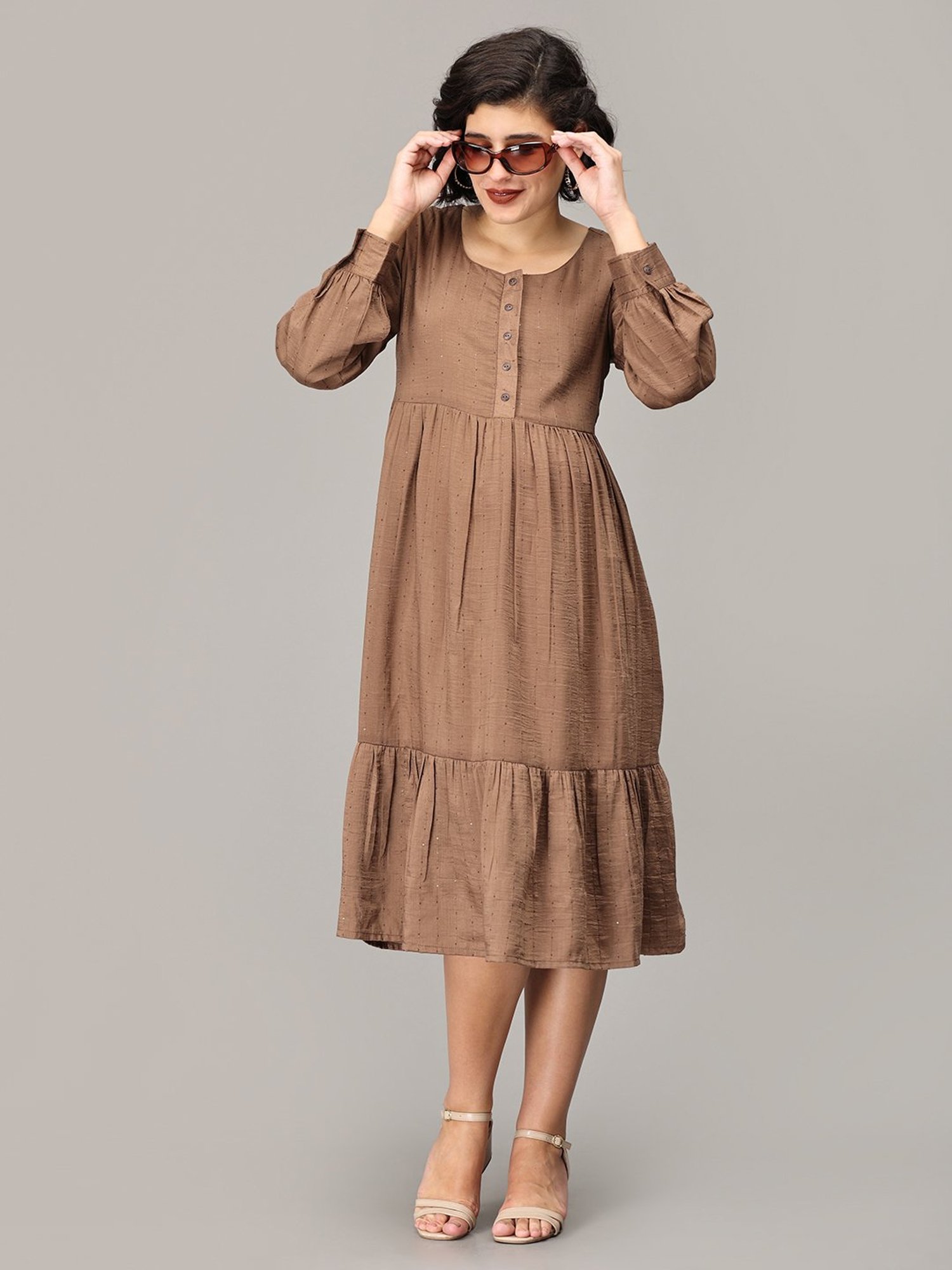 The Mom Store Brown Self Design Maternity Tier Midi Dress