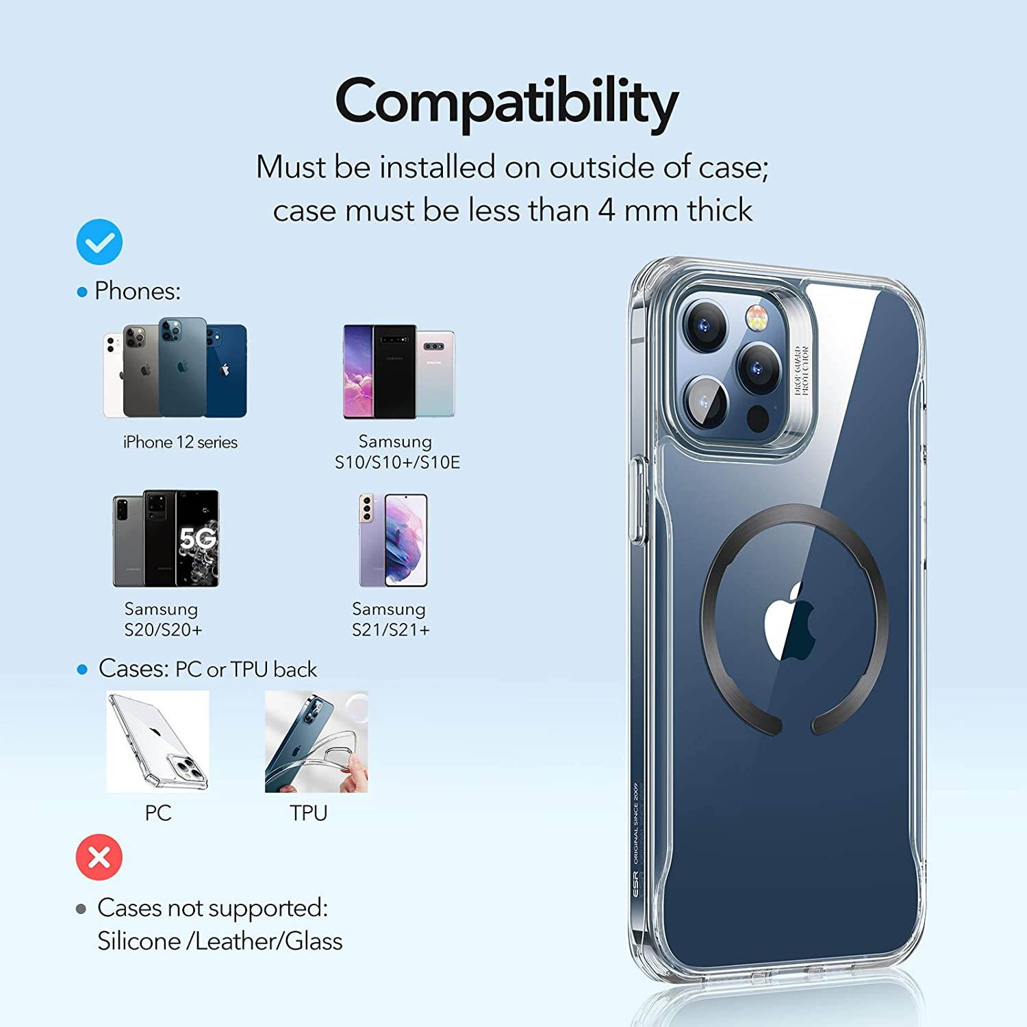 ESR HaloLock Universal Ring, Magnetic Wireless Charging Conversion Kit, MagSafe Compatible Metal Ring, Compatible with iPhone 12/12 Pro/12 mini/12 Pro Max, Samsung Galaxy (1 Black, 1 Silver)