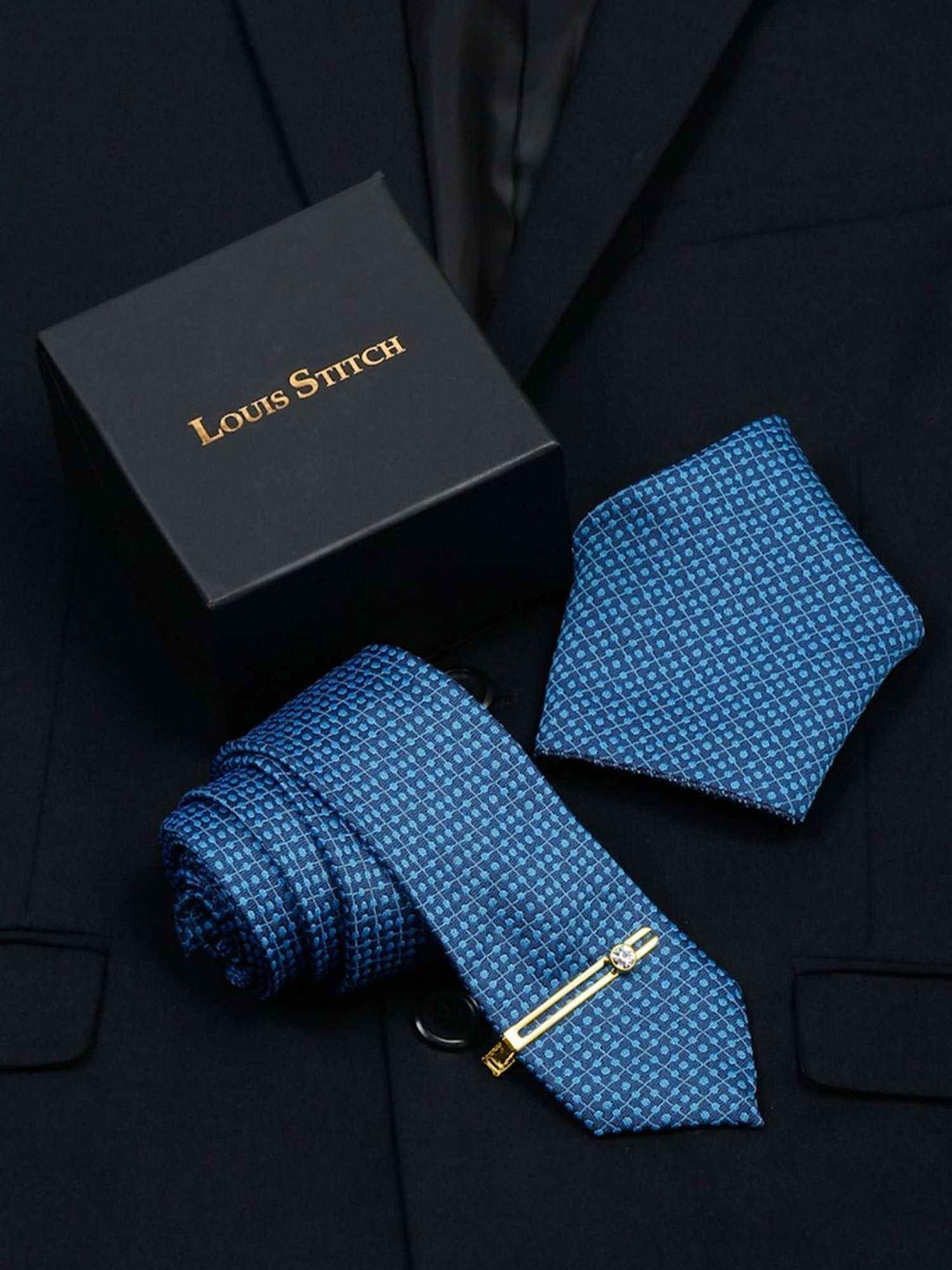 Louis Stitch Blue Embroidered Necktie Gift Set - Set of 3