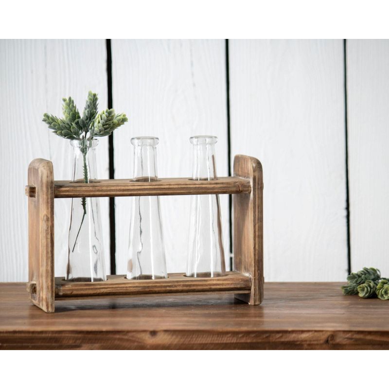 3 Glass Bud Vases in Natural Wood Stand - Foreside Home & Garden