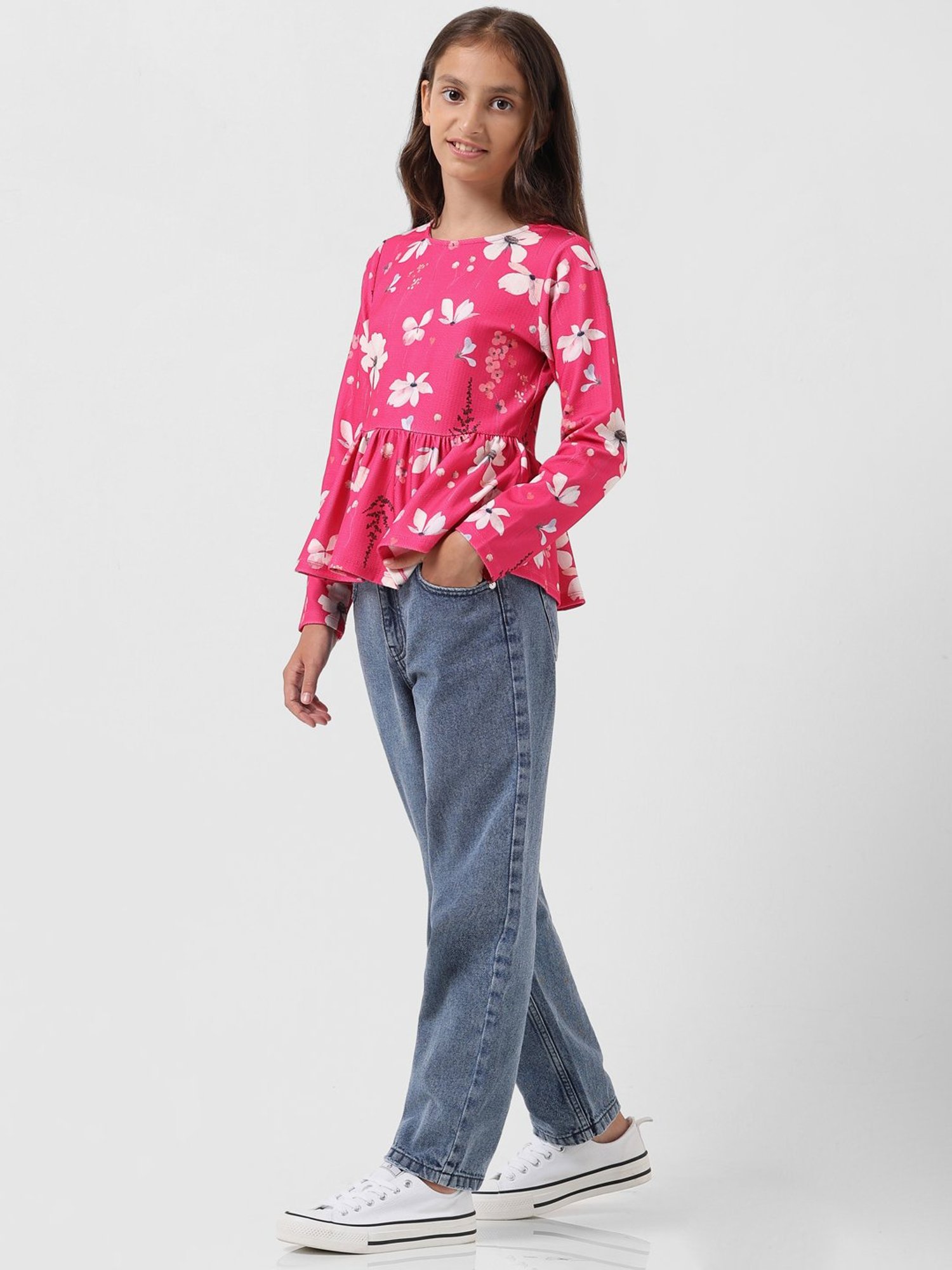 VERO MODA GIRL Pink Floral Print Full Sleeves Peplum Top