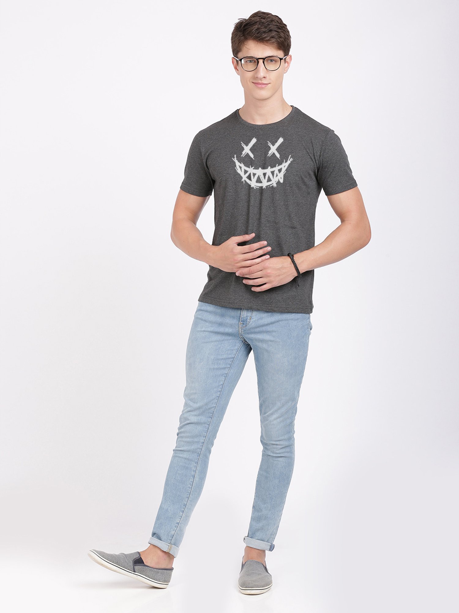 BLACK RADIO Charcoal Slim Fit Printed Crew T-Shirt