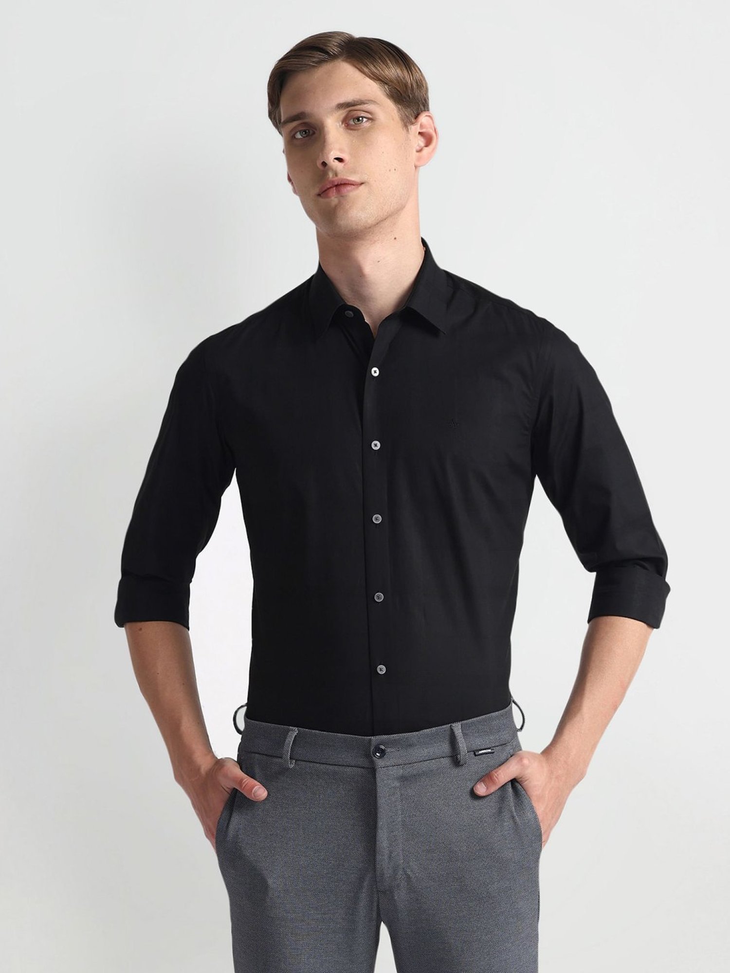 Arrow Newyork Black Cotton Slim Fit Checks Shirt