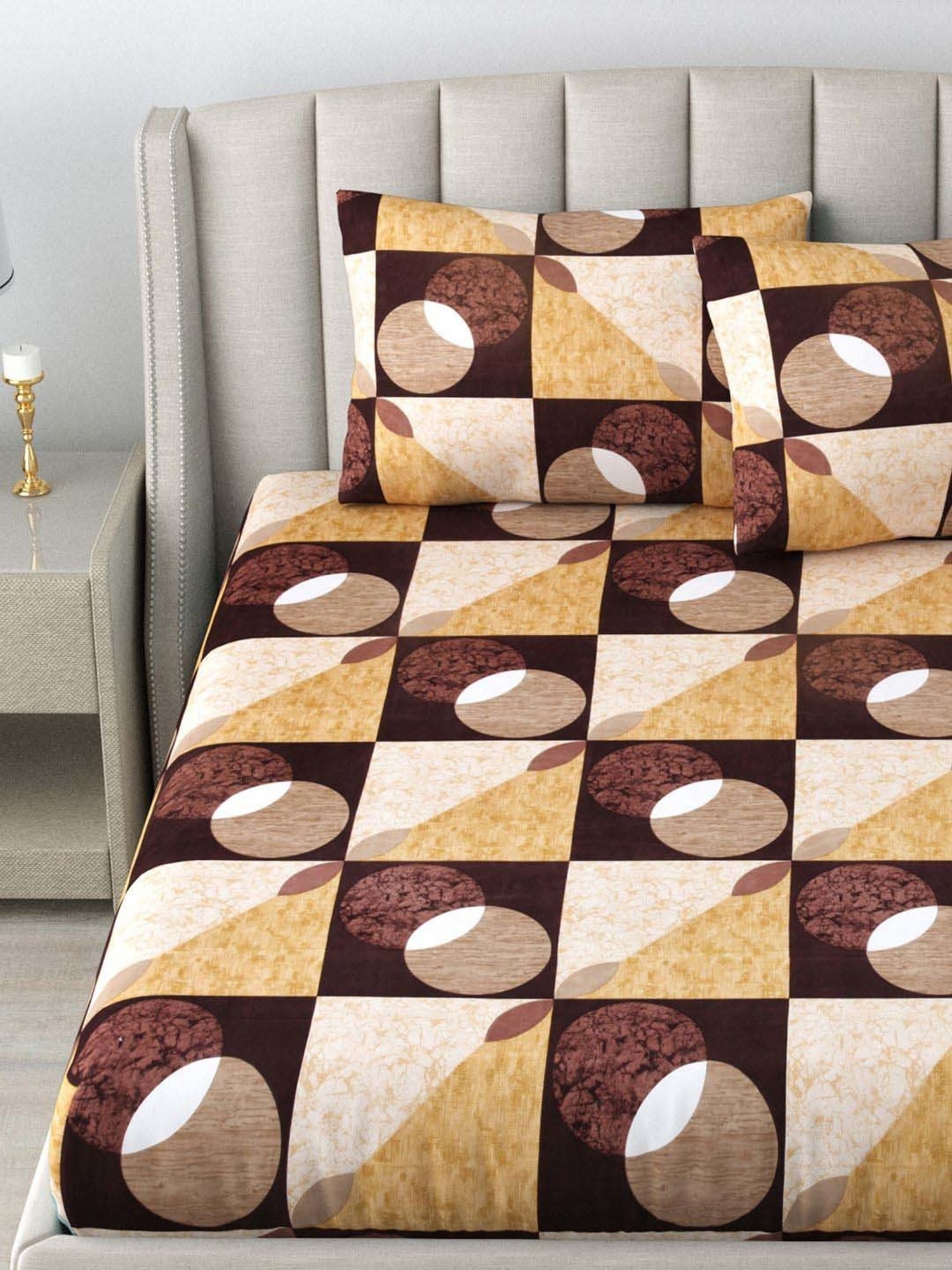 Living Roots Brown & Beige Polyester 120 TC Queen Bedsheet with 2 Pillow Covers