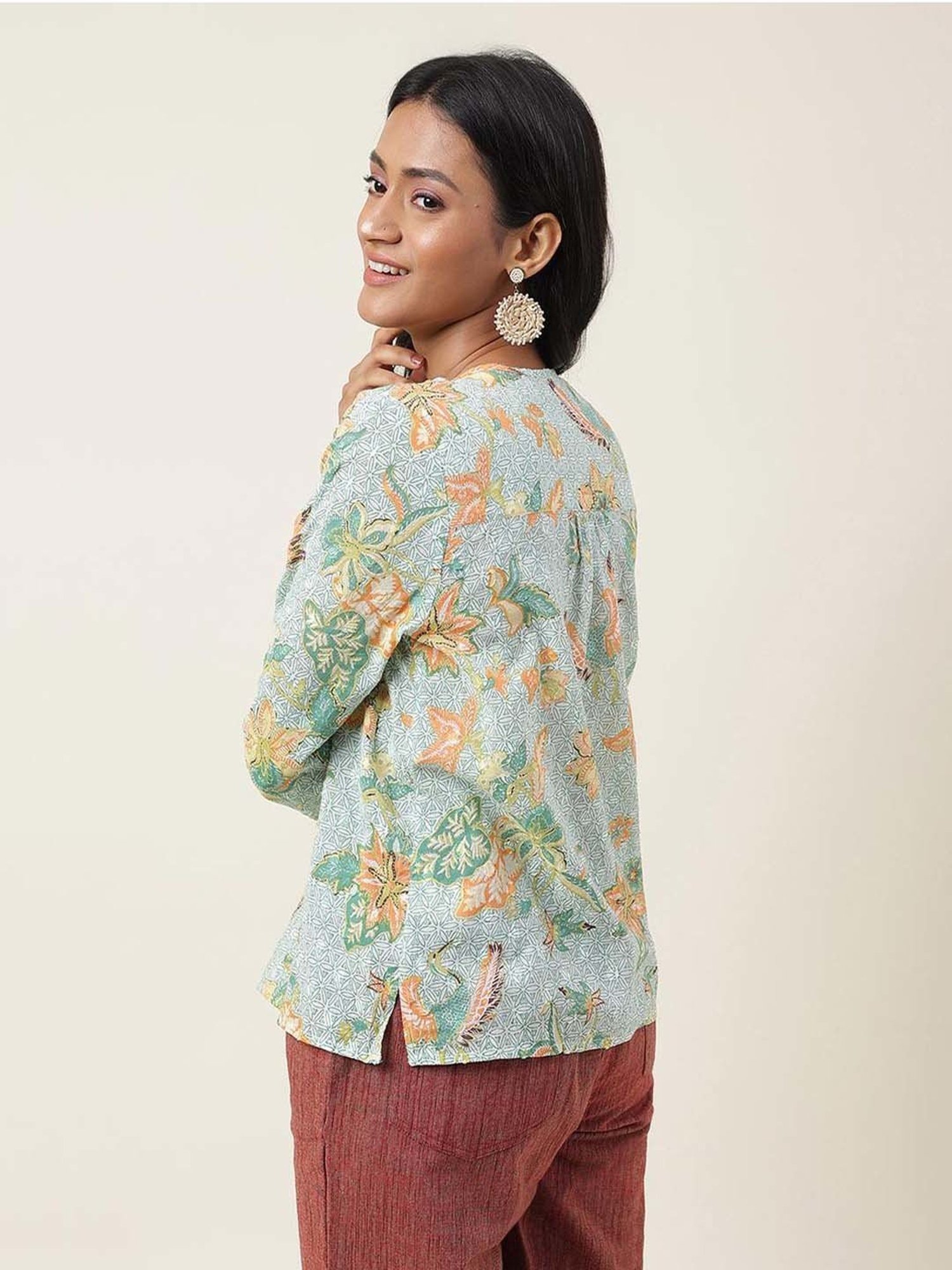 Fabindia Green Cotton Floral Print Top