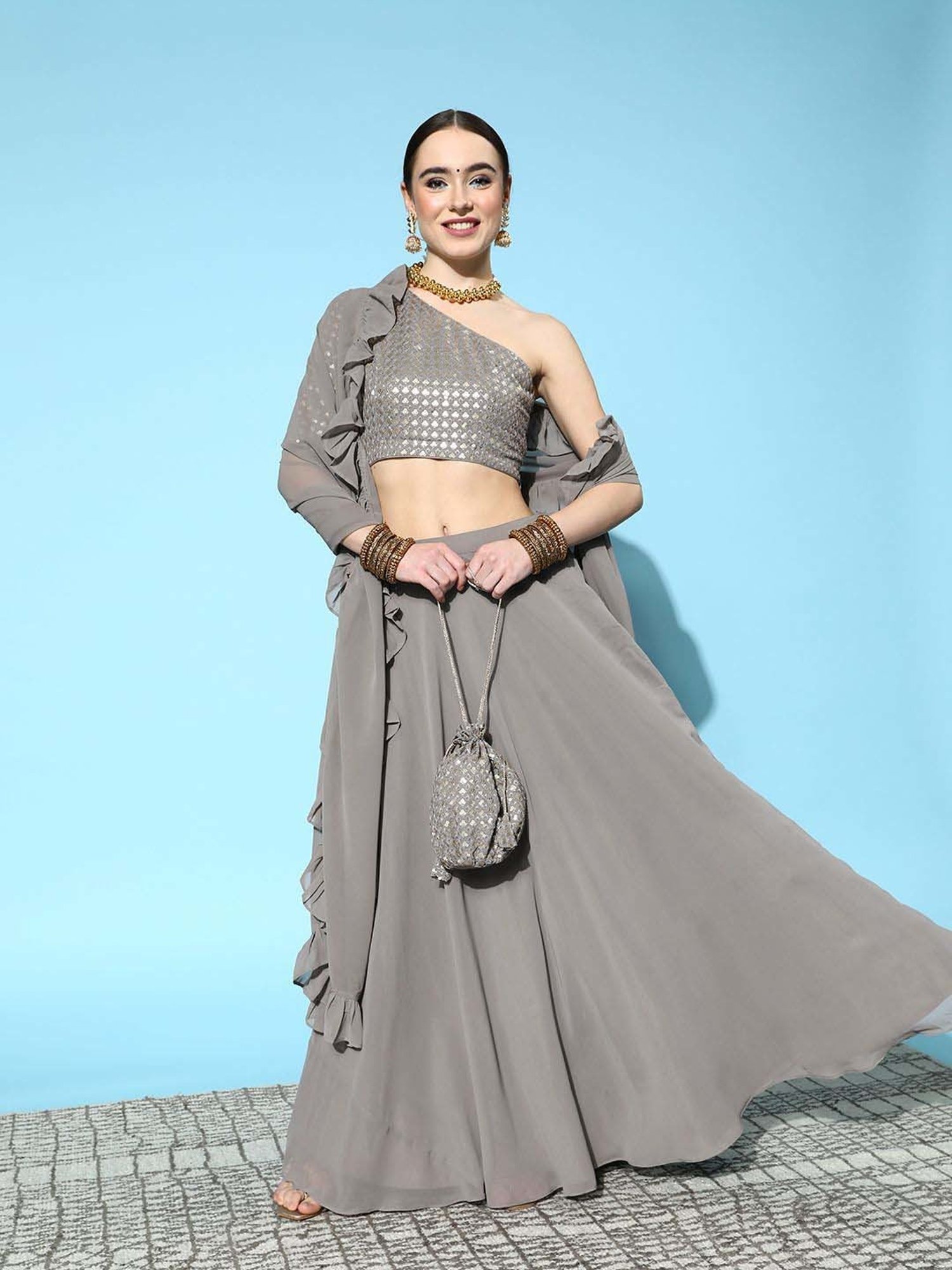 Libas Grey Plain Lehenga Choli Set With Dupatta