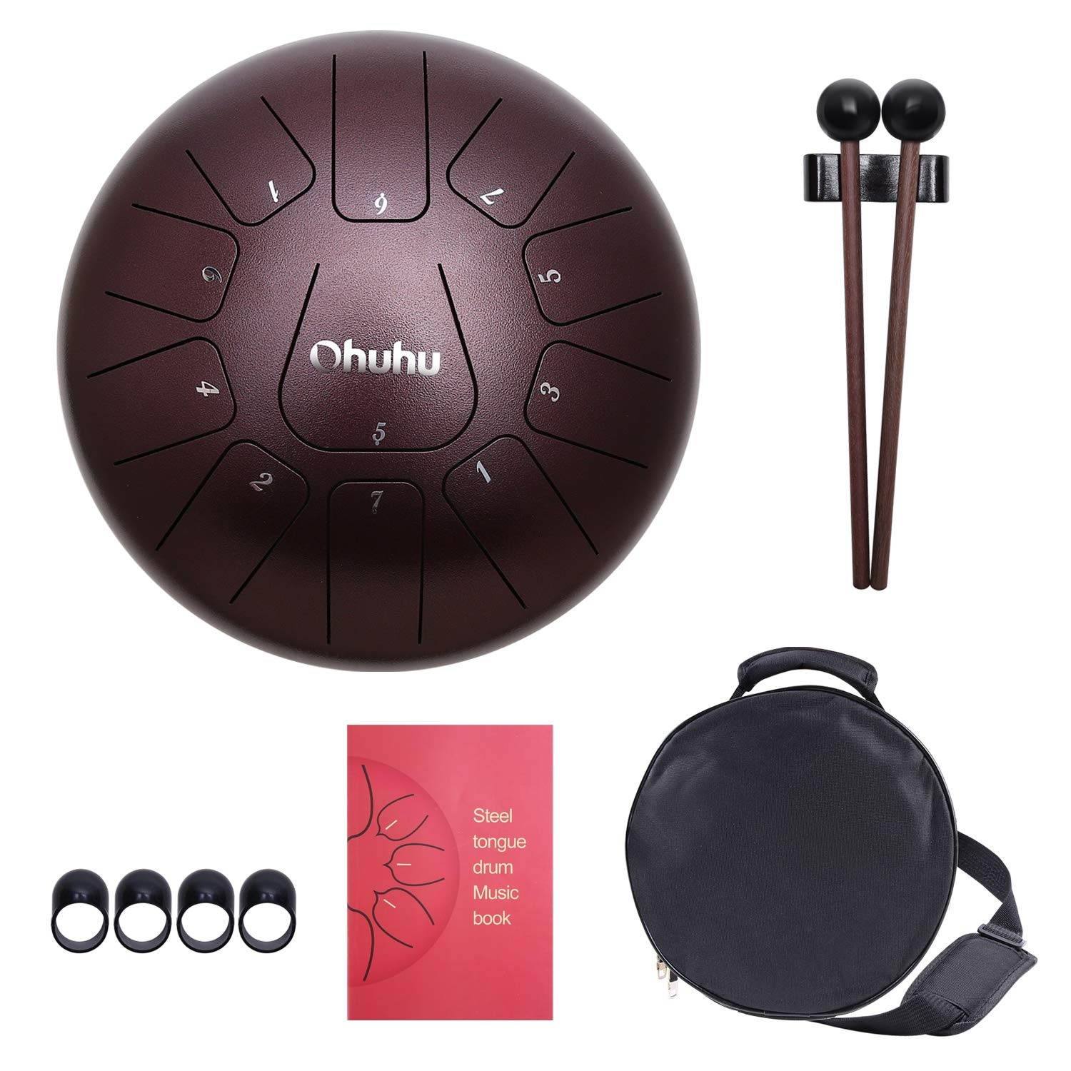 Ohuhu Steel Tongue Drum 10 Inch 11 Notes D Major for Kids and Adults with Rubber Mallets, Finger Picks and Padded Travel Bag