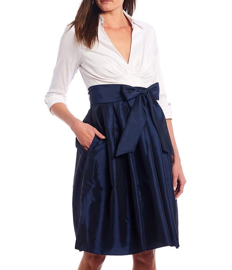 Jessica Howard V-Neck 3/4 Sleeve Collared Pleat Tie Front Dress