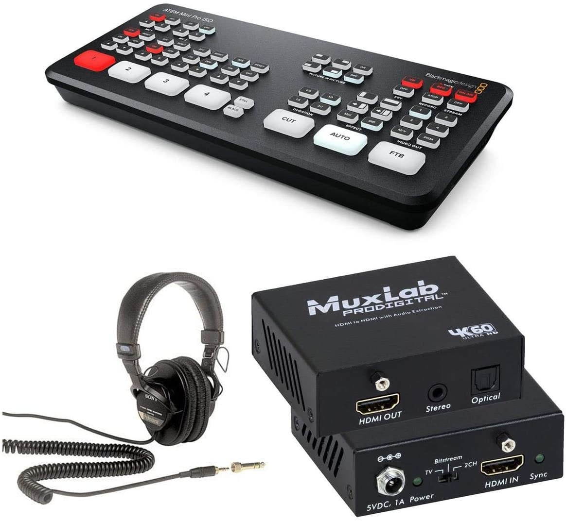 Blackmagic Design ATEM Mini Pro ISO Live Production Switcher - Bundle with Sony MDR-7506 Professional Folding Headphones, Muxlab HDMI to HDMI with Audio Extraction, 4K/60