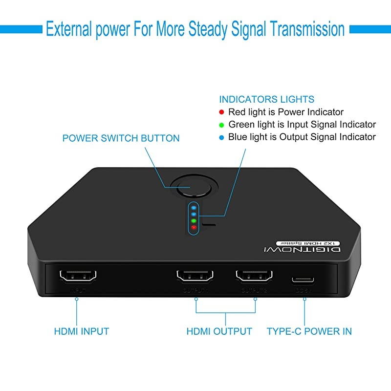 HDMI Splitter 1 in 2 Out, 4K HDMI Ver1.4 HDCP, Powered HDMI Splitter Supports 3D 4K@30HZ Full HD1080P for Xbox PS4 DVD Players Apple TV Blu-Ray Player Fire Stick