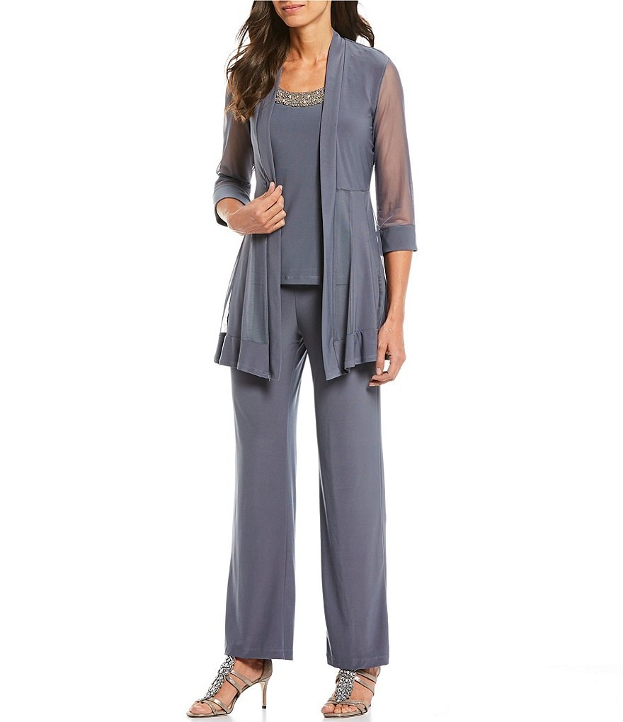 R&M Richards Mock 3-Piece Stretch Beaded-Neck Pant Set