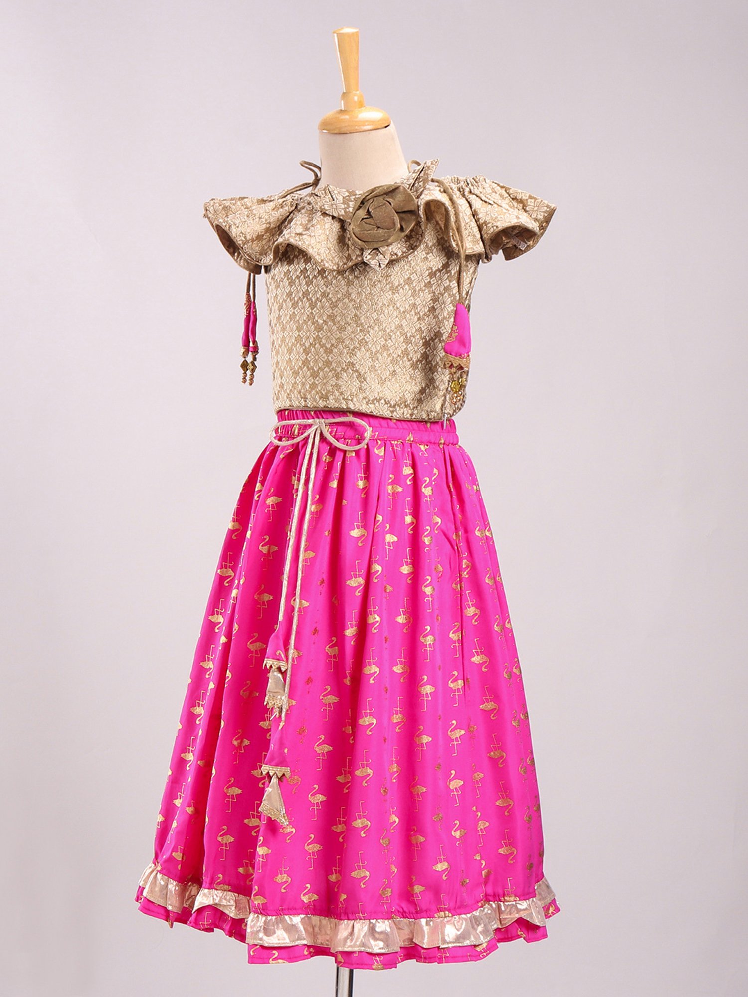 TWISHA Kids Beige & Pink Self Design Top with Ghagra