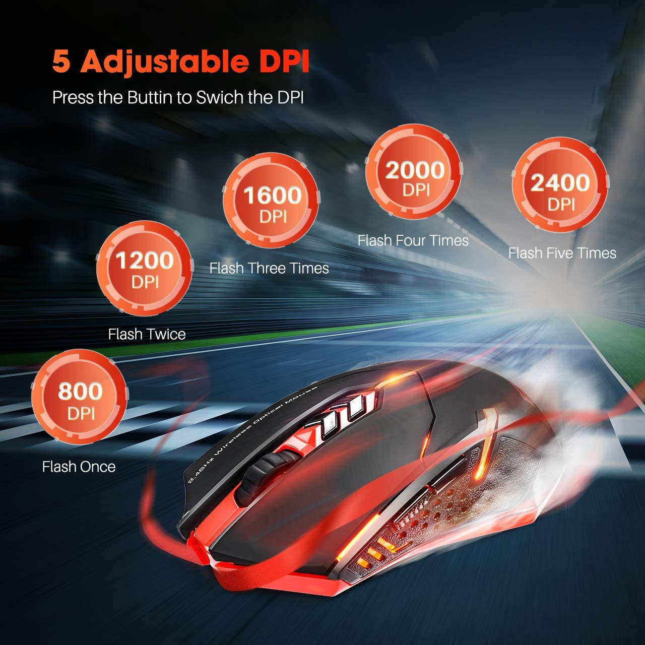 Wireless Gaming Mouse with Unique Silent Click, Breathing Backlit, 2 Programmable Side Buttons, 2400 DPI, Ergonomic Grips, 7-Button Design- Black