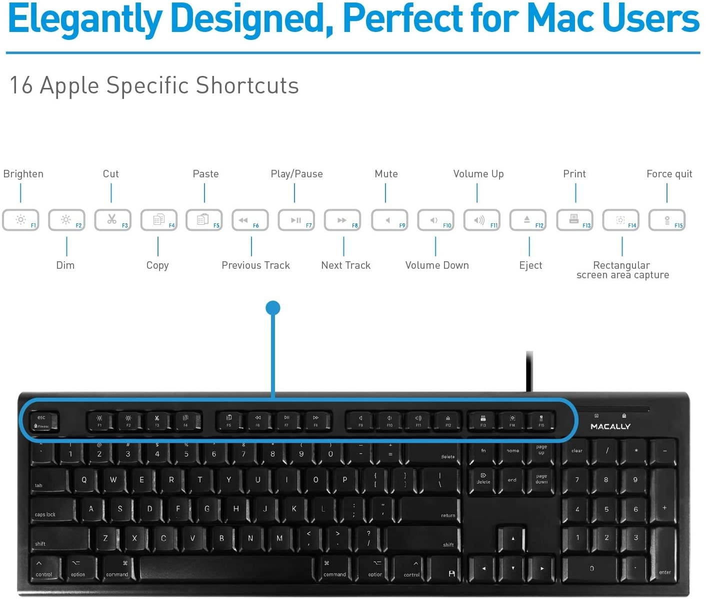 Macally Full Size Mac Wired Keyboard - Compatible with All Macs with USB Port - Durable Mac Keyboard with Number Pad & 16 Apple Shortcut Keys - Rubber Keycaps & Spill Proof - QKEYB (Black)