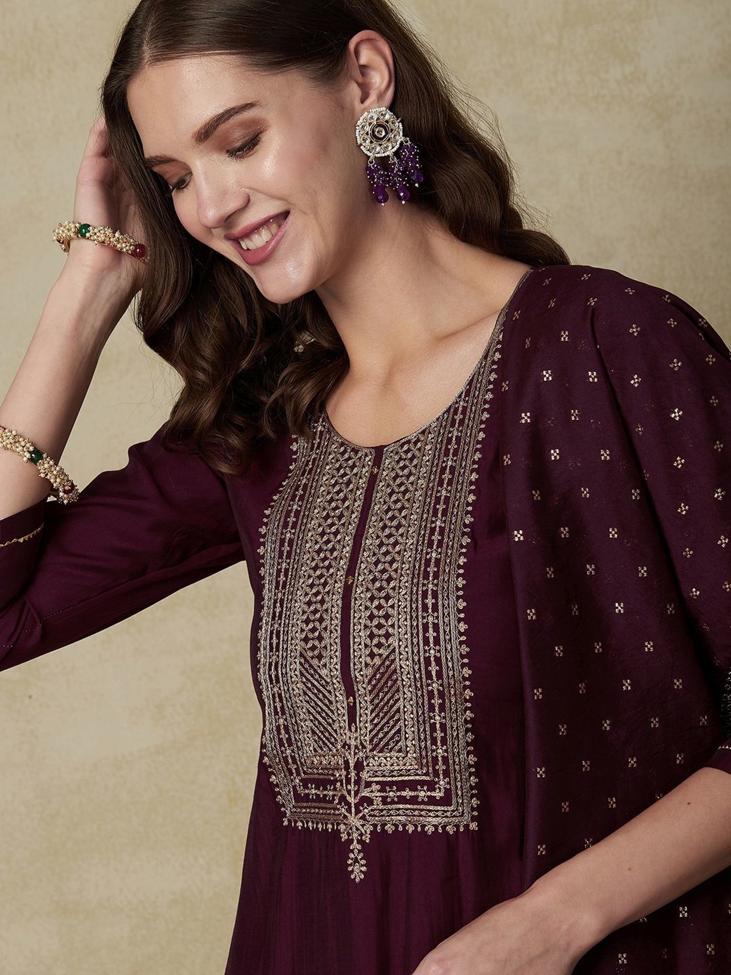 Fashor Wine Embroidered Kurta Pant Set With Dupatta