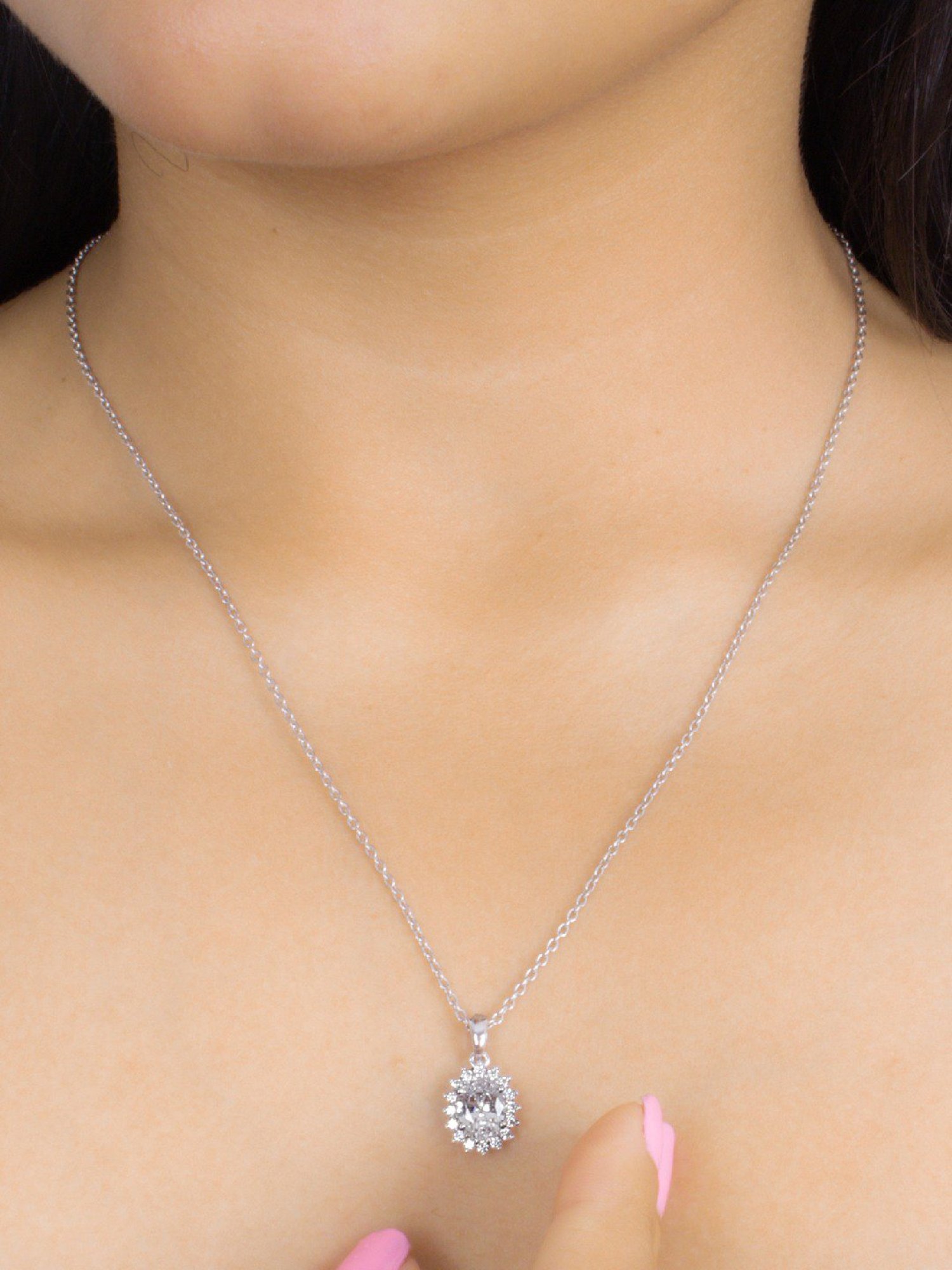 Ornate Jewels 925 Silver Oval American Diamond Halo Pendant with 18-inch Chain