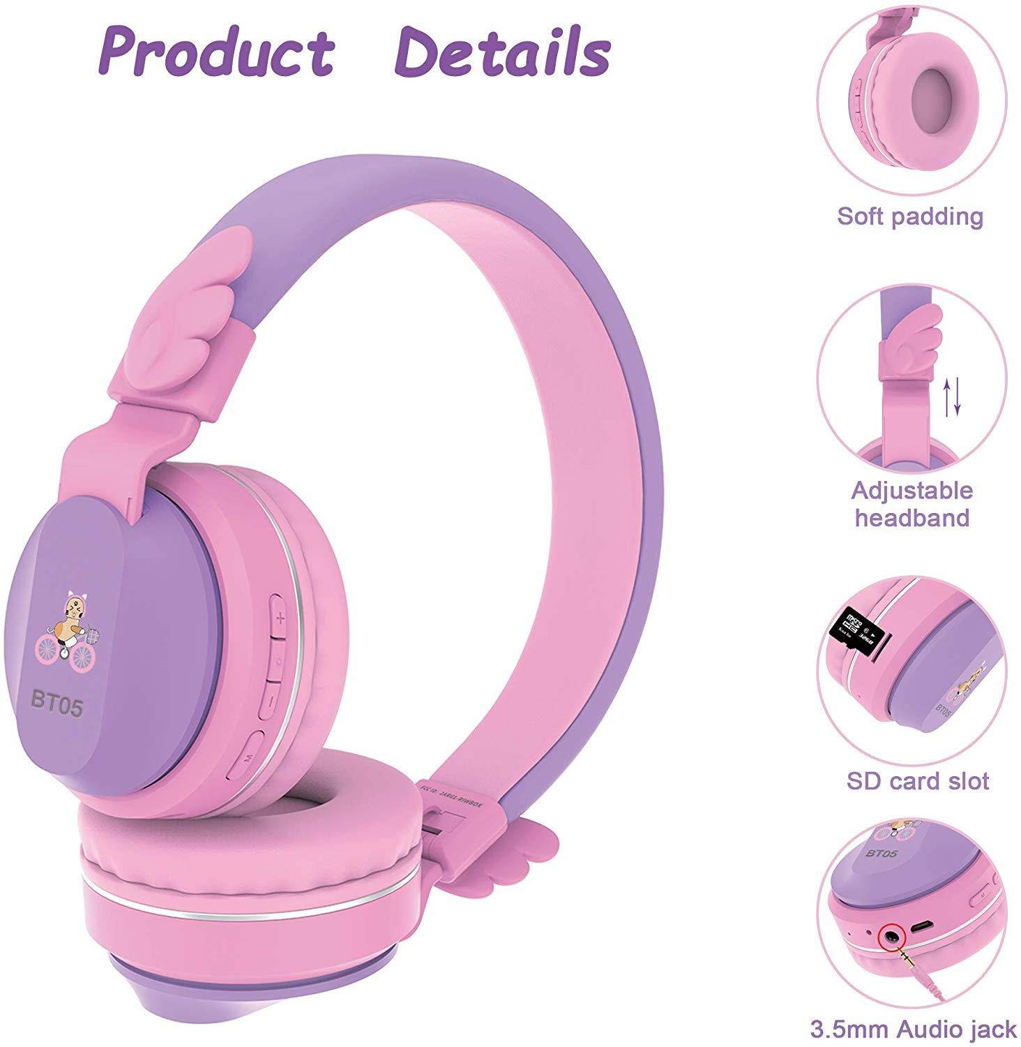 Riwbox BT05 Wings Kids Headphones Wireless Bluetooth Foldable Over Ear Headset with Volume Limited and Mic/TF Card Compatible for iPad/iPhone/Tablet (Purple&Pink)
