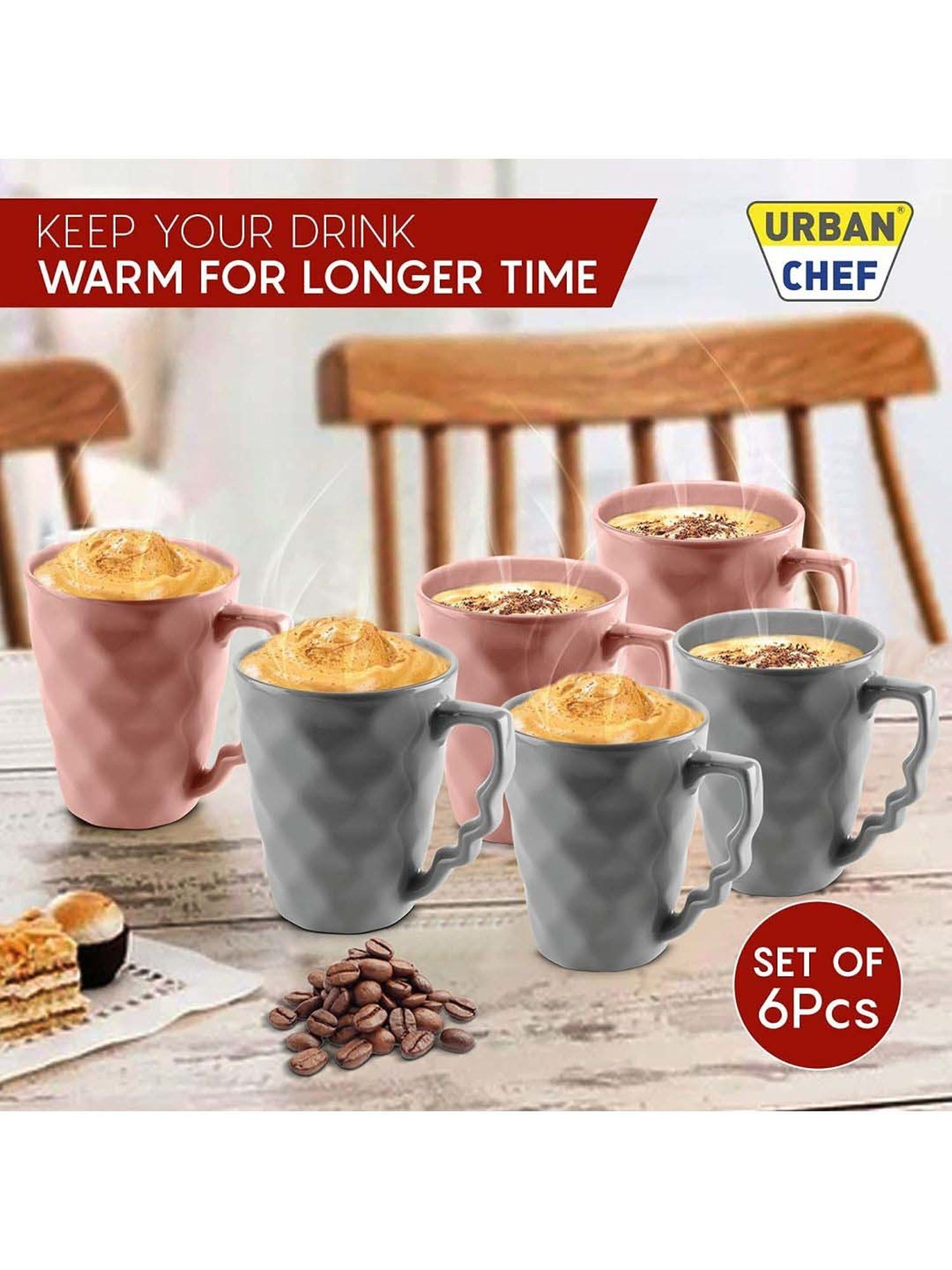 Urban Chef Pink & Grey Ceramic Microwave Safe Coffee Mug (0.225 L) - Set of 6