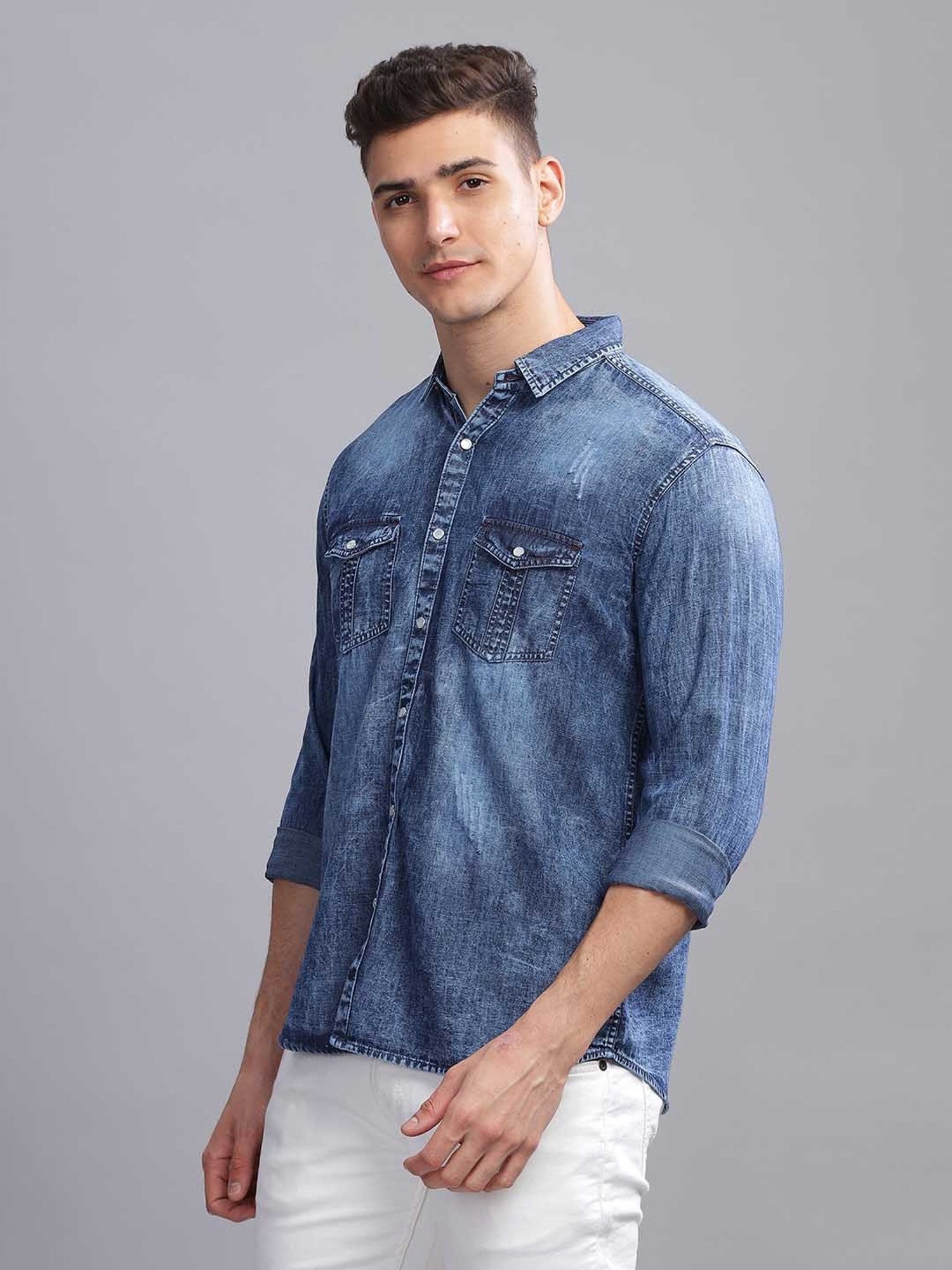 Kuons Avenue Indigo Blue Slim Fit Denim Shirt