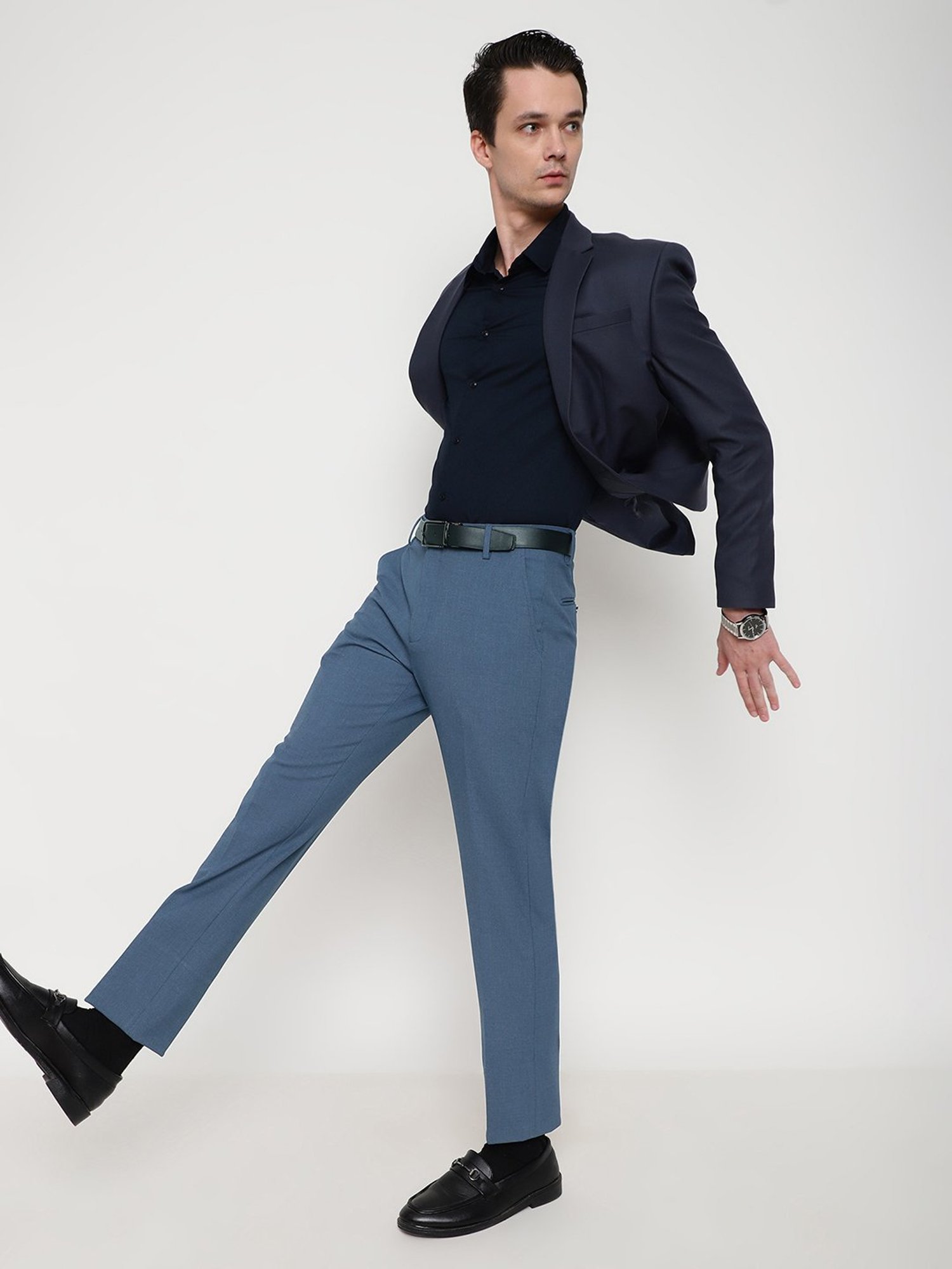 SUBTRACT Steel Blue Slim Fit Flat Front Trousers