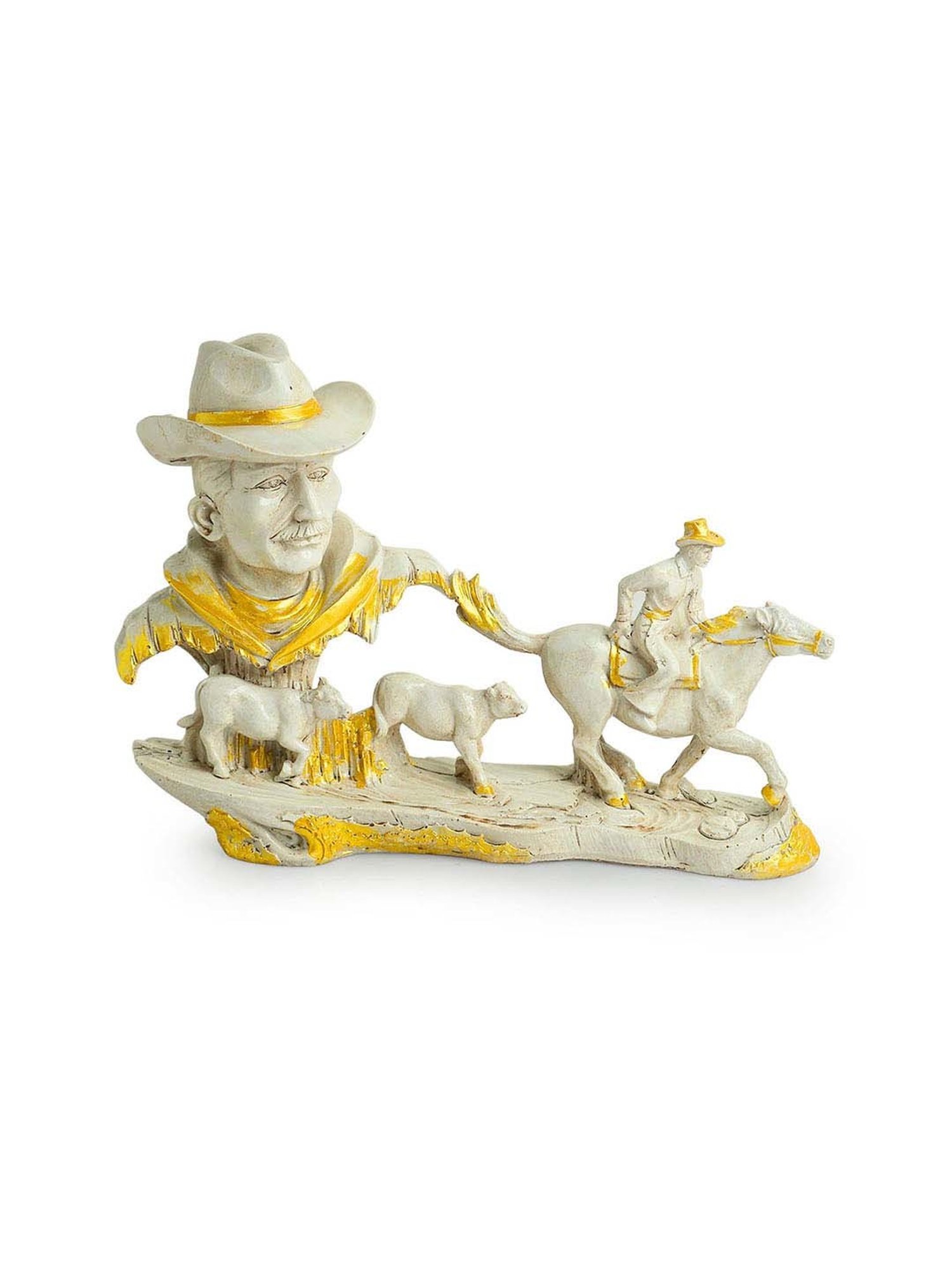 ExclusiveLane White & Golden Resin Cowboy With Horse Rider Showpiece