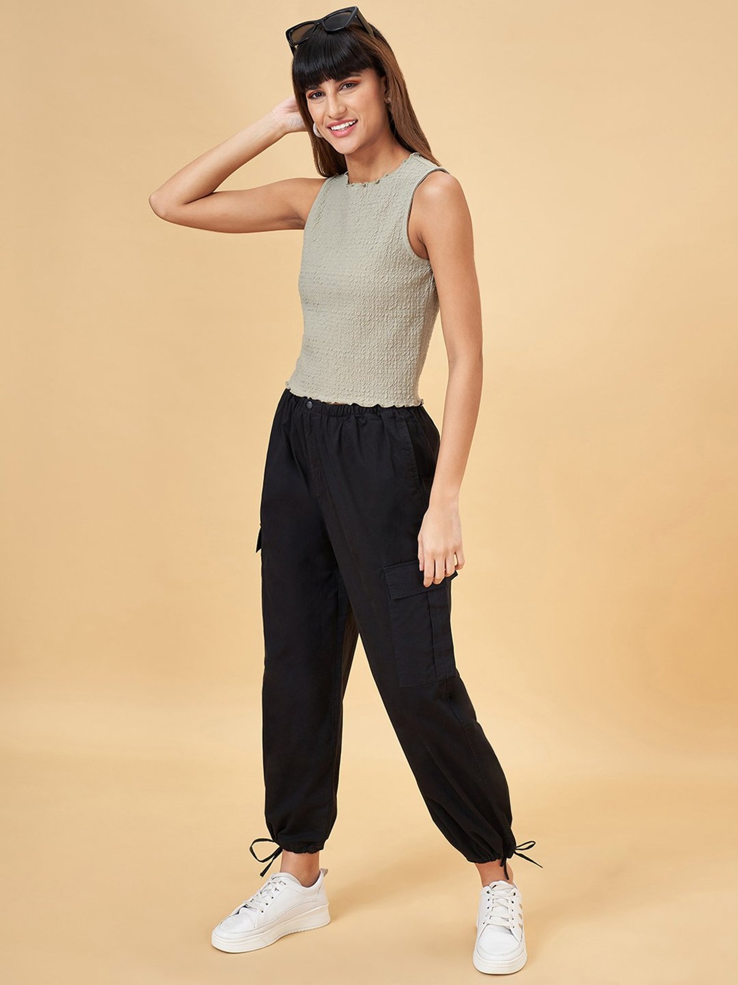 People by Pantaloons Grey Textured Pattern Crop Top