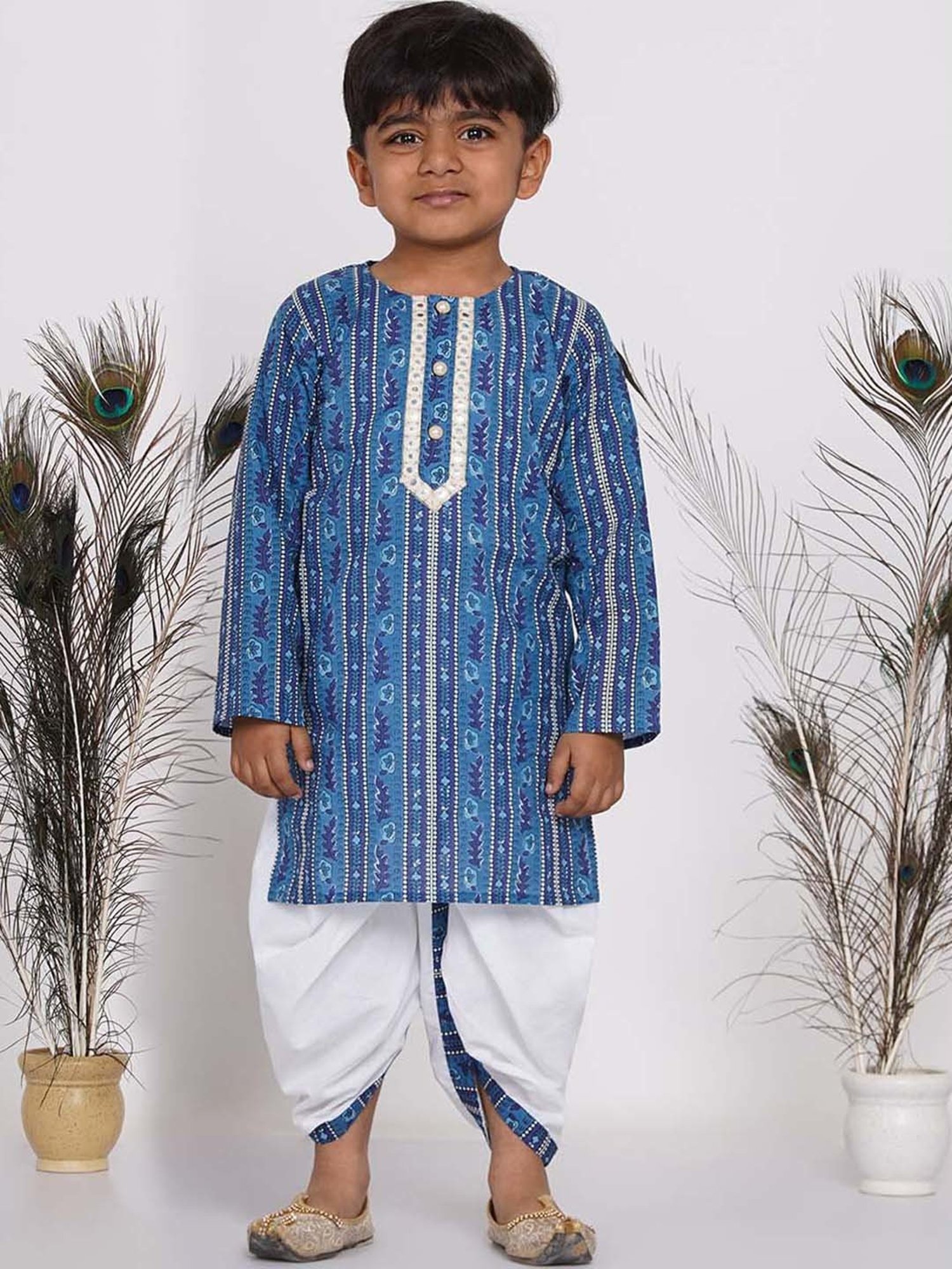 Little Bansi Kids Blue & White Cotton Printed Kurta Set