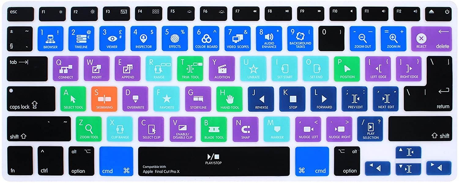HRH Final Cut Pro X Shortcuts Hotkey Silicone Keyboard Cover Skin for MacBook Air 13,MacBook Pro13/15/17 (with or w/Out Retina Display, 2015 or Older Version)&Older iMac,USA and European Layout