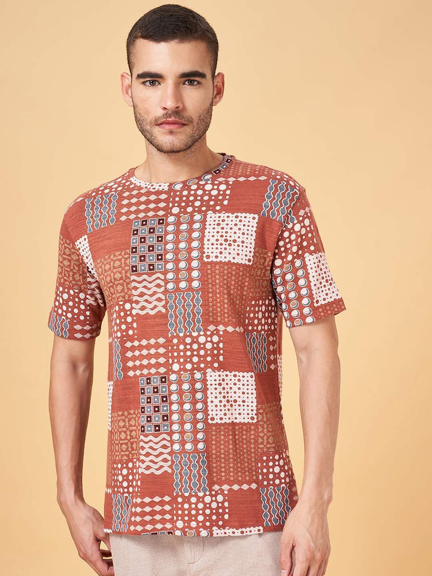 7 Alt by Pantaloons Rusty Orange Cotton Relaxed Fit Printed T-Shirt