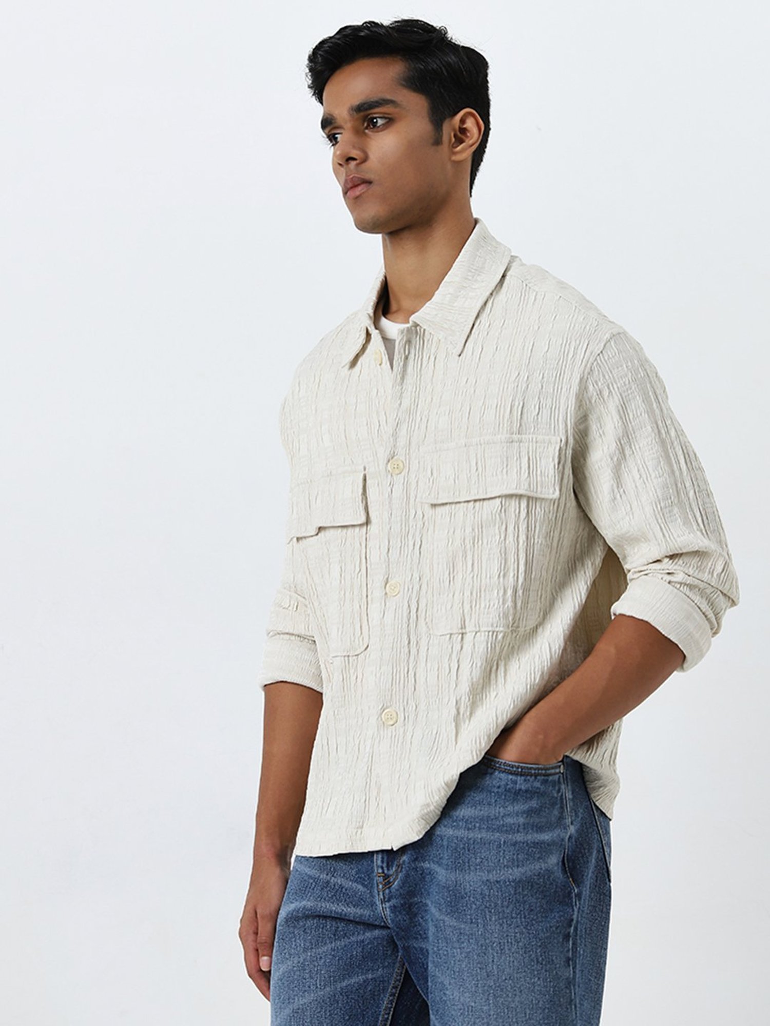 Nuon by Westside Off-White Textured Relaxed-Fit Jacket
