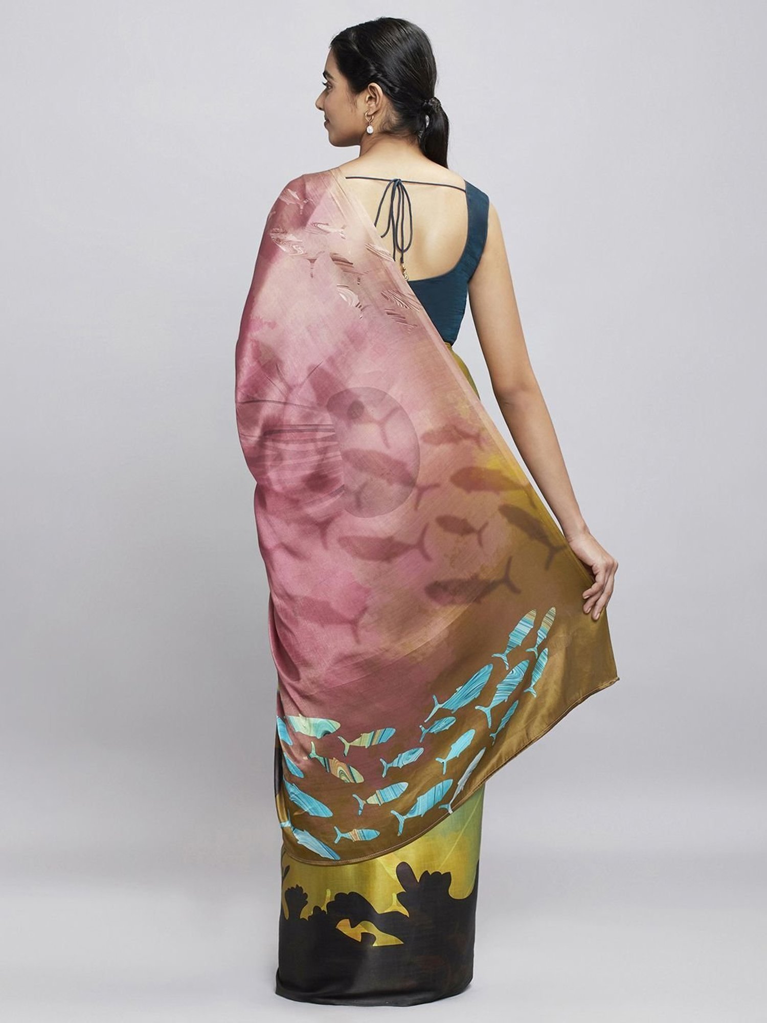 Navyasa Mustard Liva Satin Abstract Printed Saree With Coordinated Unstitched Blouse Piece