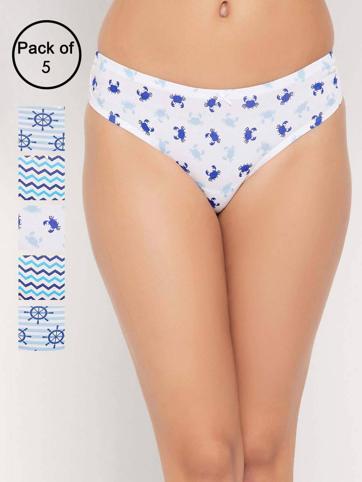 Clovia White & Blue Cotton Printed Hipster Panty - Pack Of 5