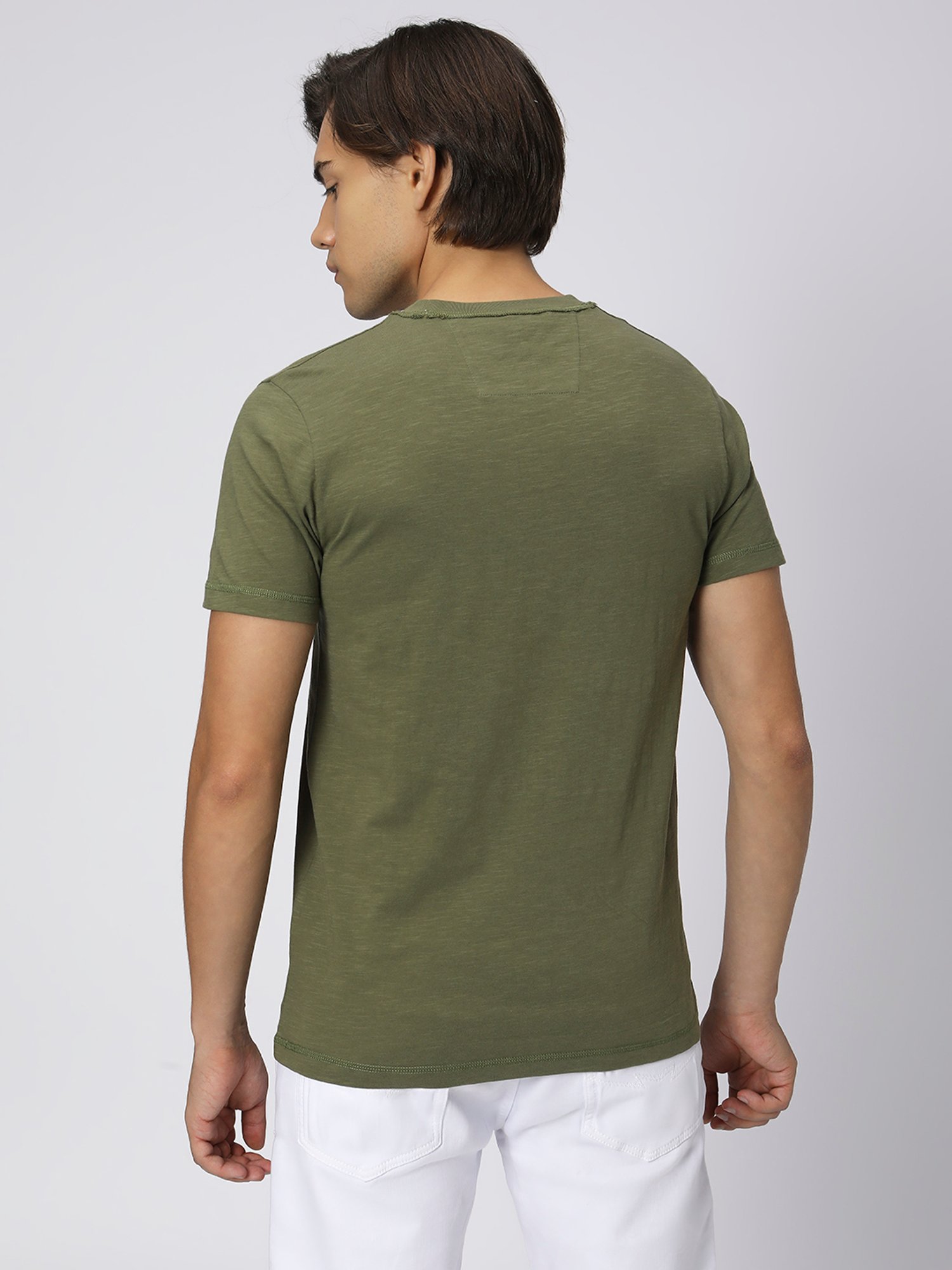 Mufti Olive Slim Fit Embroidered Cotton Crew T-Shirt