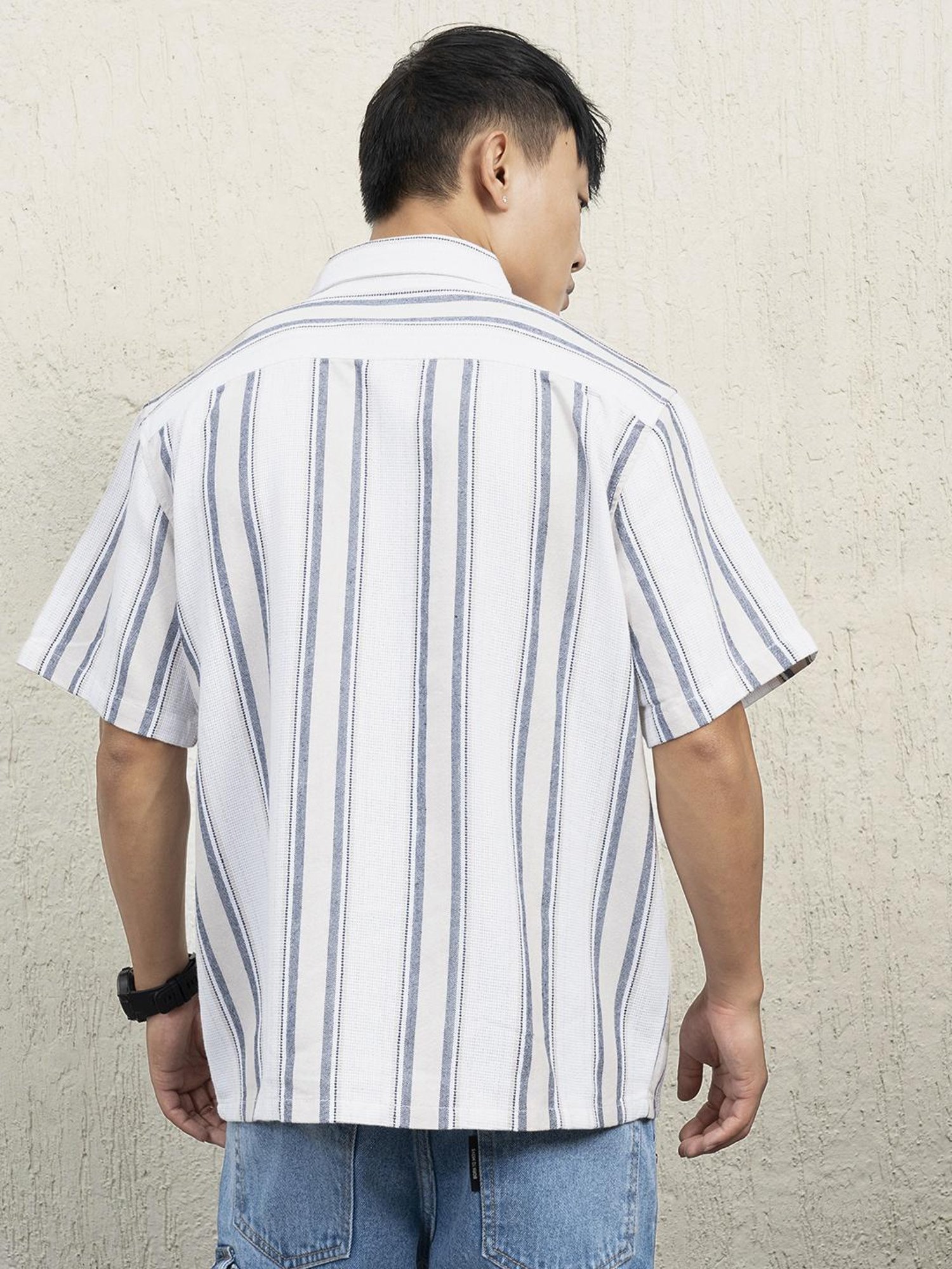Hubberholme Men Cotton Short Sleeves Oversized Striped Shirt 12