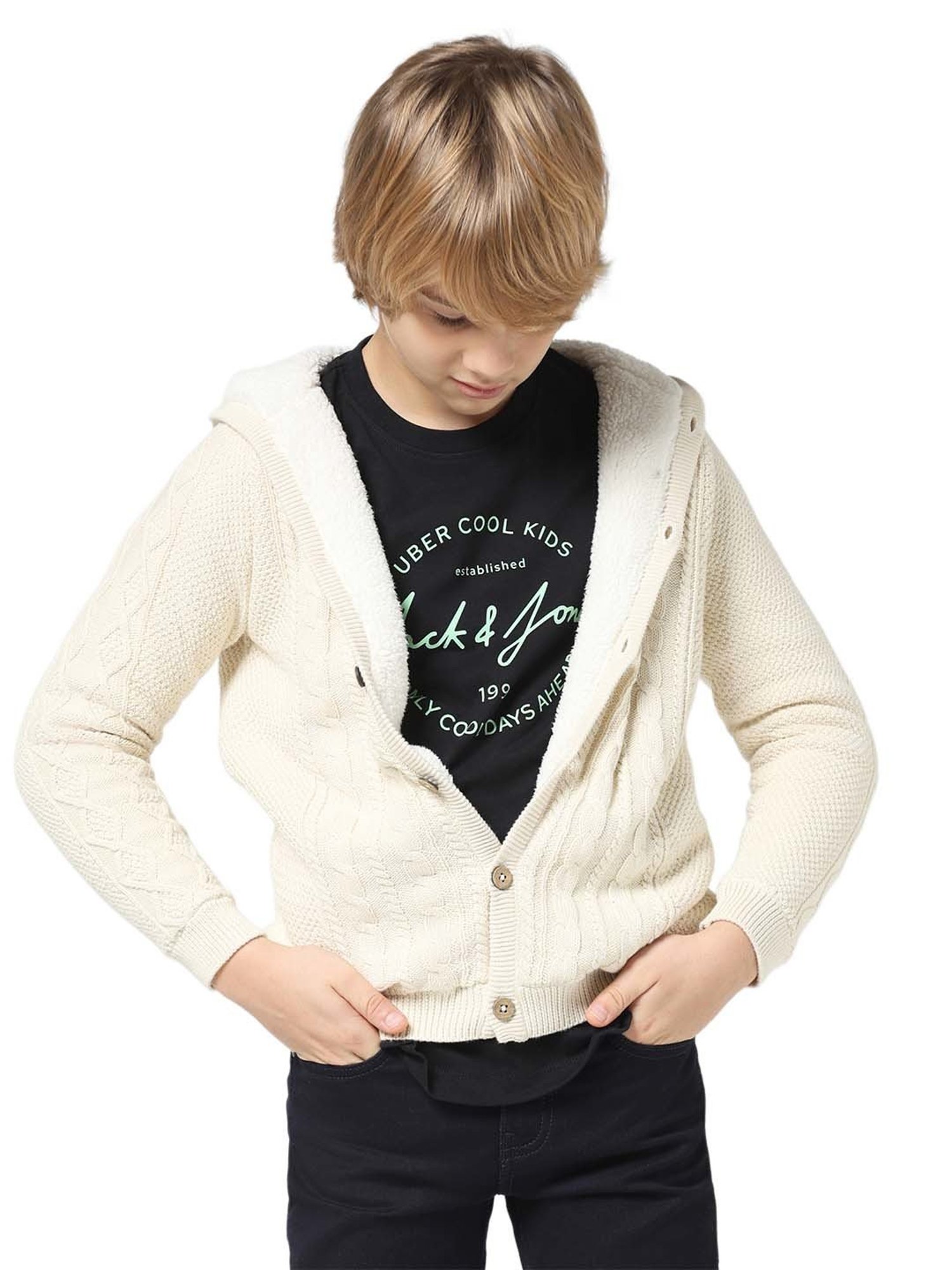 Jack & Jones Junior Beige Cotton Self Pattern Full Sleeves Sweater