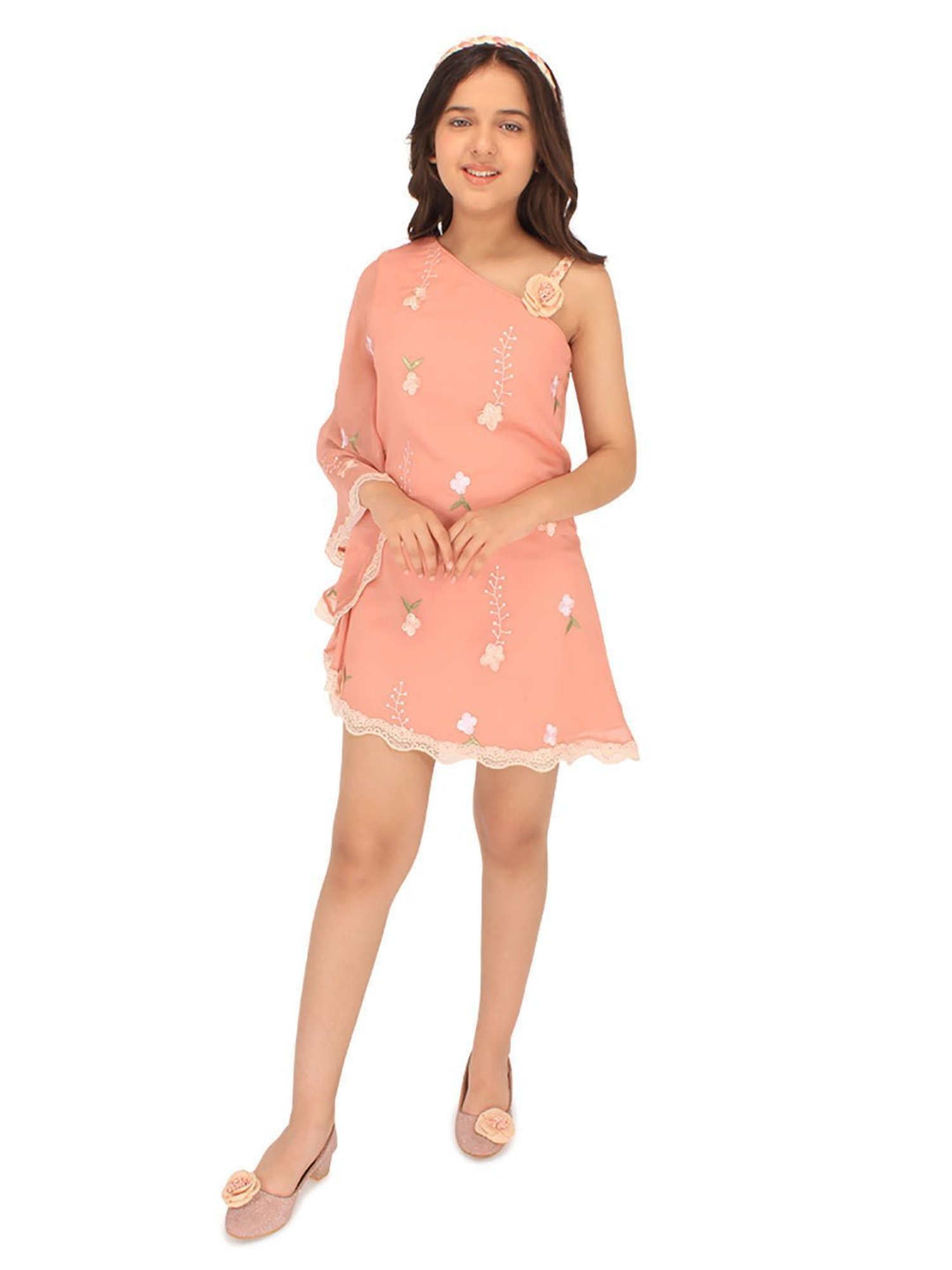 Cutecumber Kids Peach Embroidered Full Sleeves Dress