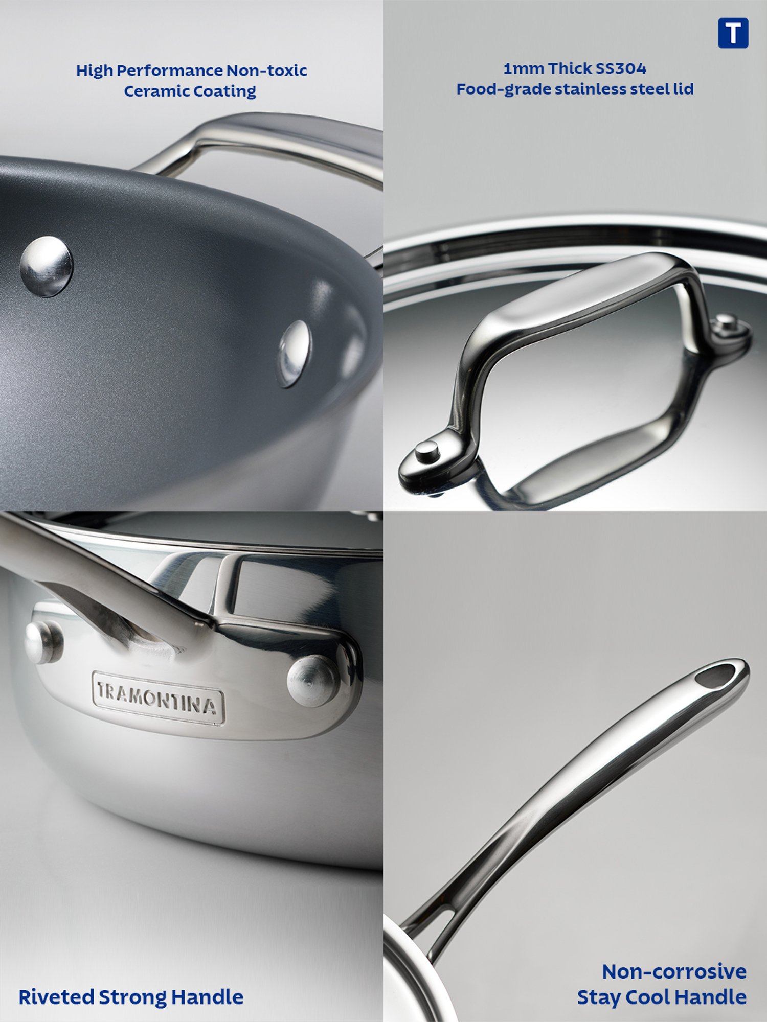 Tramontina Fusao Non-Toxic Triply Stainless Steel Ceramic Wok with Lid 26cm/3.7L