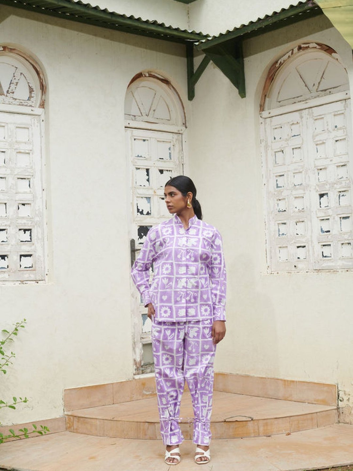 Khajoor Studio Purple & White Sundaze Hakuna Matata High Tea Tie Trousers