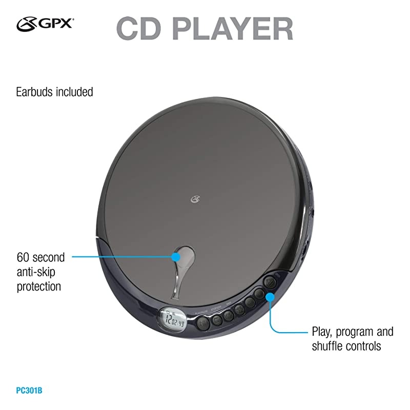 PC301B Portable CD Player with Stereo Earbuds and AntiSkip Protection PC301BBlack