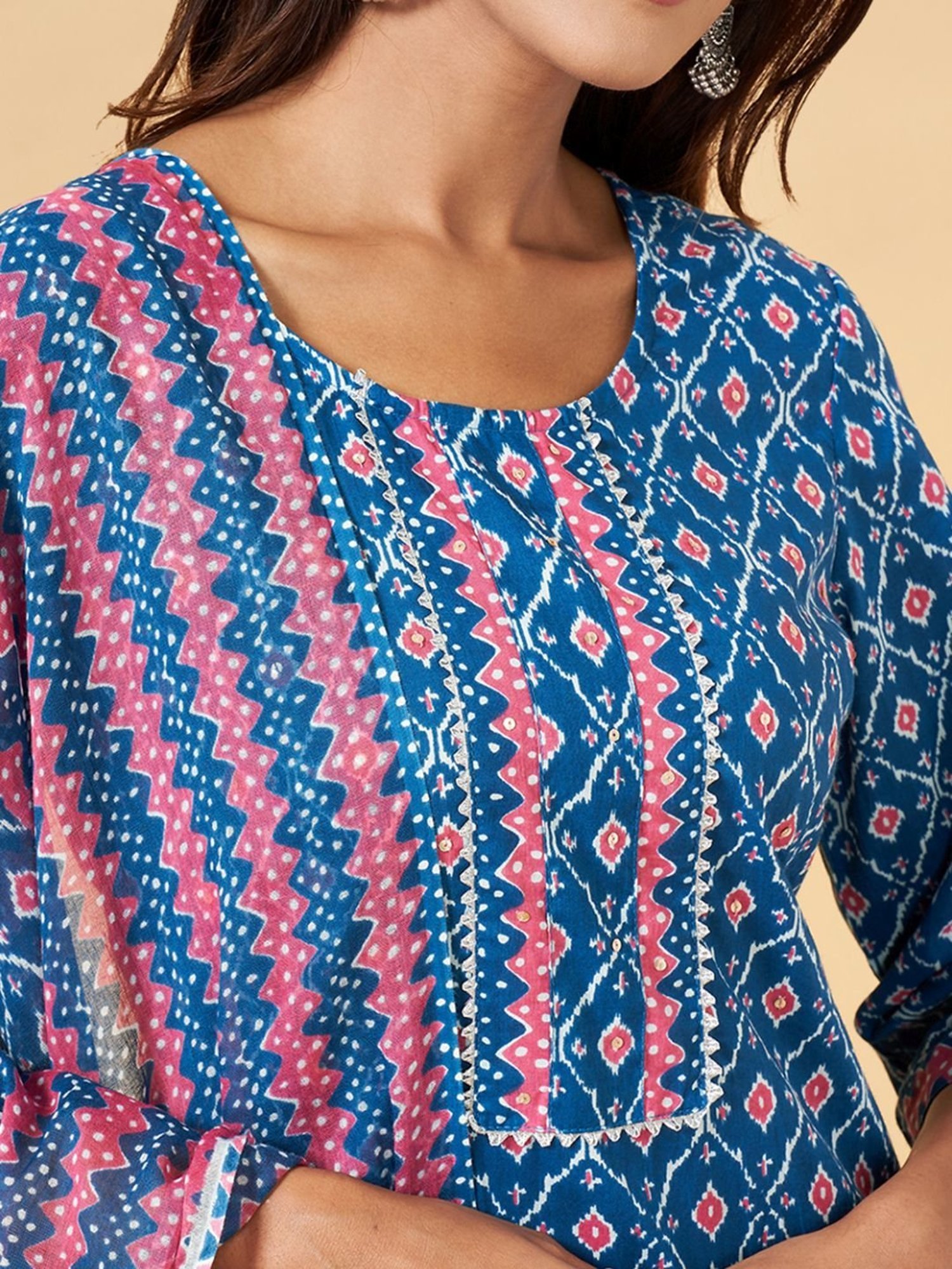 YU by Pantaloons Blue Cotton Printed Kurta Pant Set With Dupatta